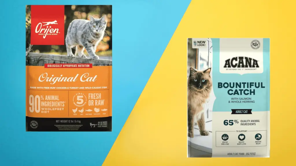 Orijen vs Acana cat food bags showing ingredient difference and premium pricing comparison for dry cat food brands