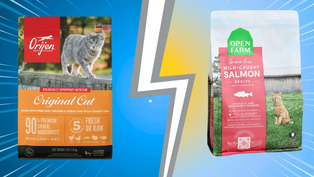 Orijen vs Open Farm cat food bags shown side by side comparing premium dry food packaging and branding for cats