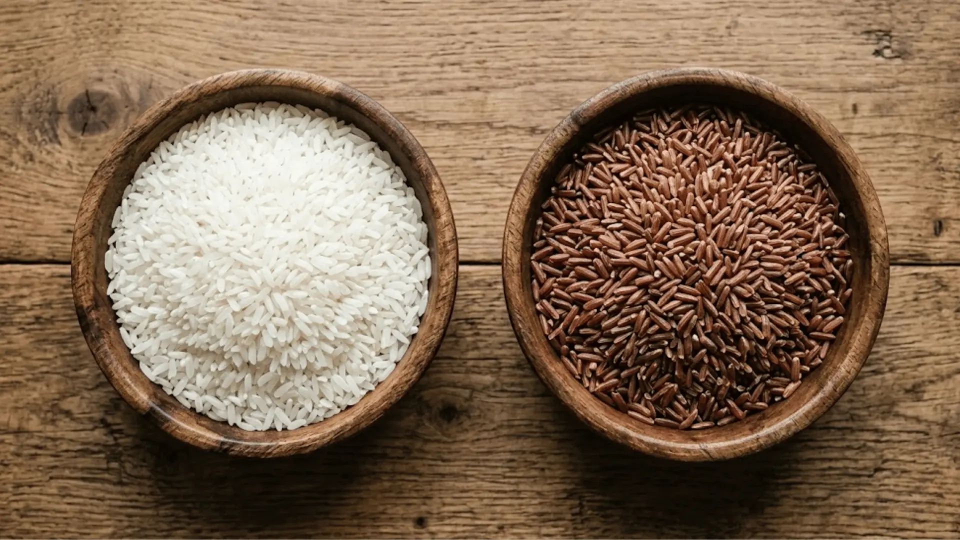 Overhead shot of two wooden bowls on a rustic table, one filled with white rice and the other with brown rice.