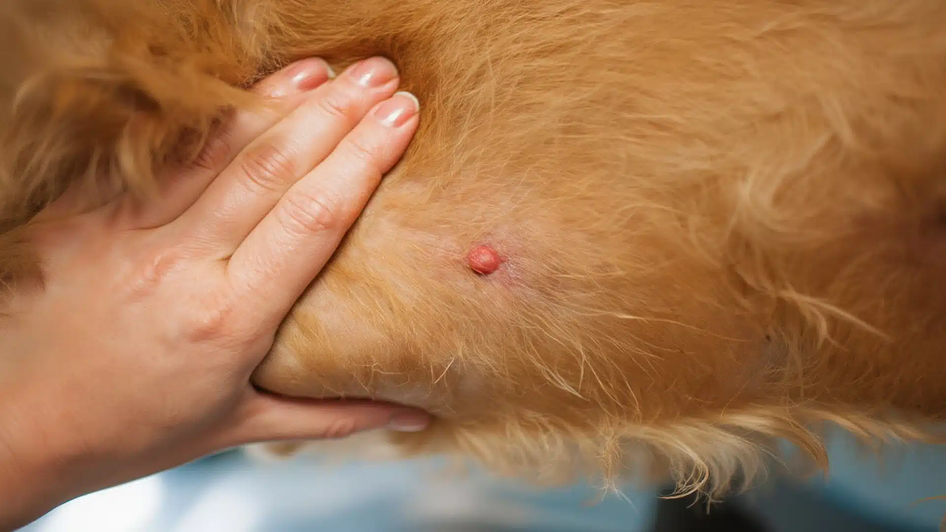 Owner parting golden dog fur to reveal a small red bump on dogs skin during a close-up home examination