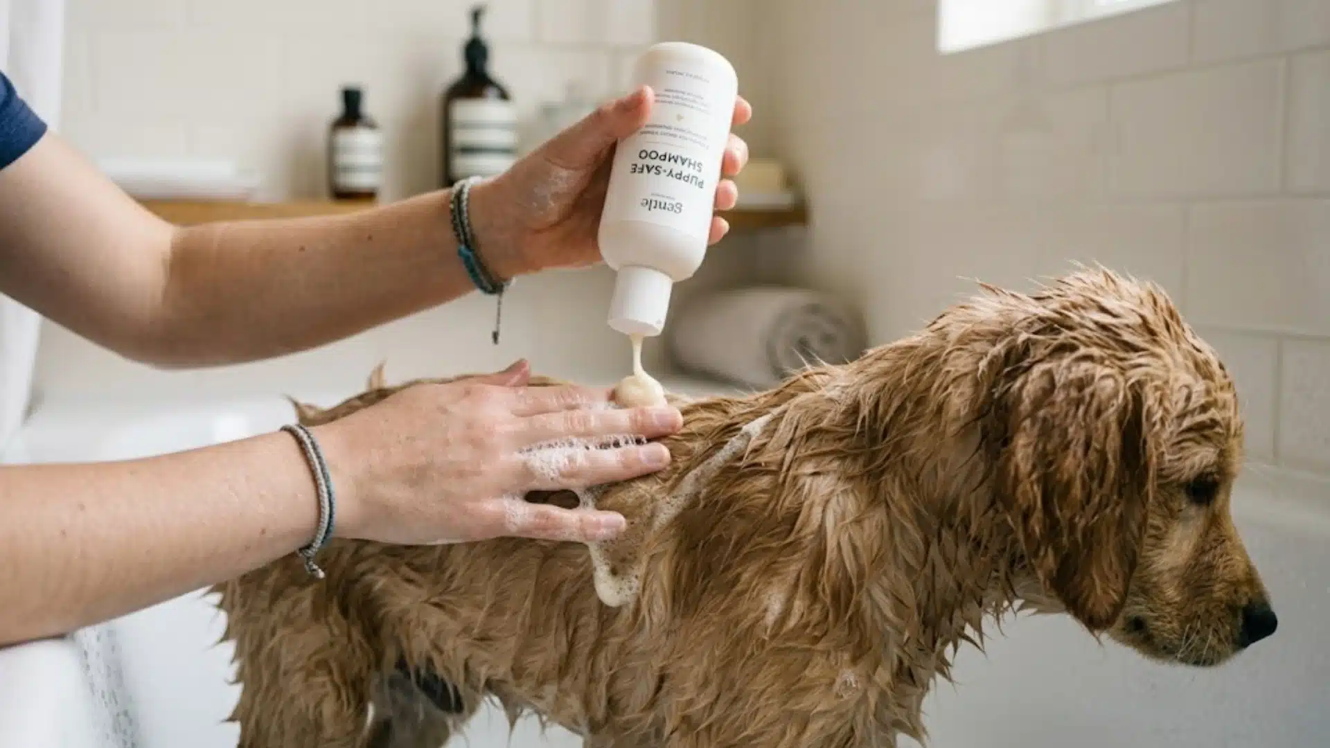 Person applies small amount of puppy shampoo on wet fur, gently lathering along the back in a calm bath setting