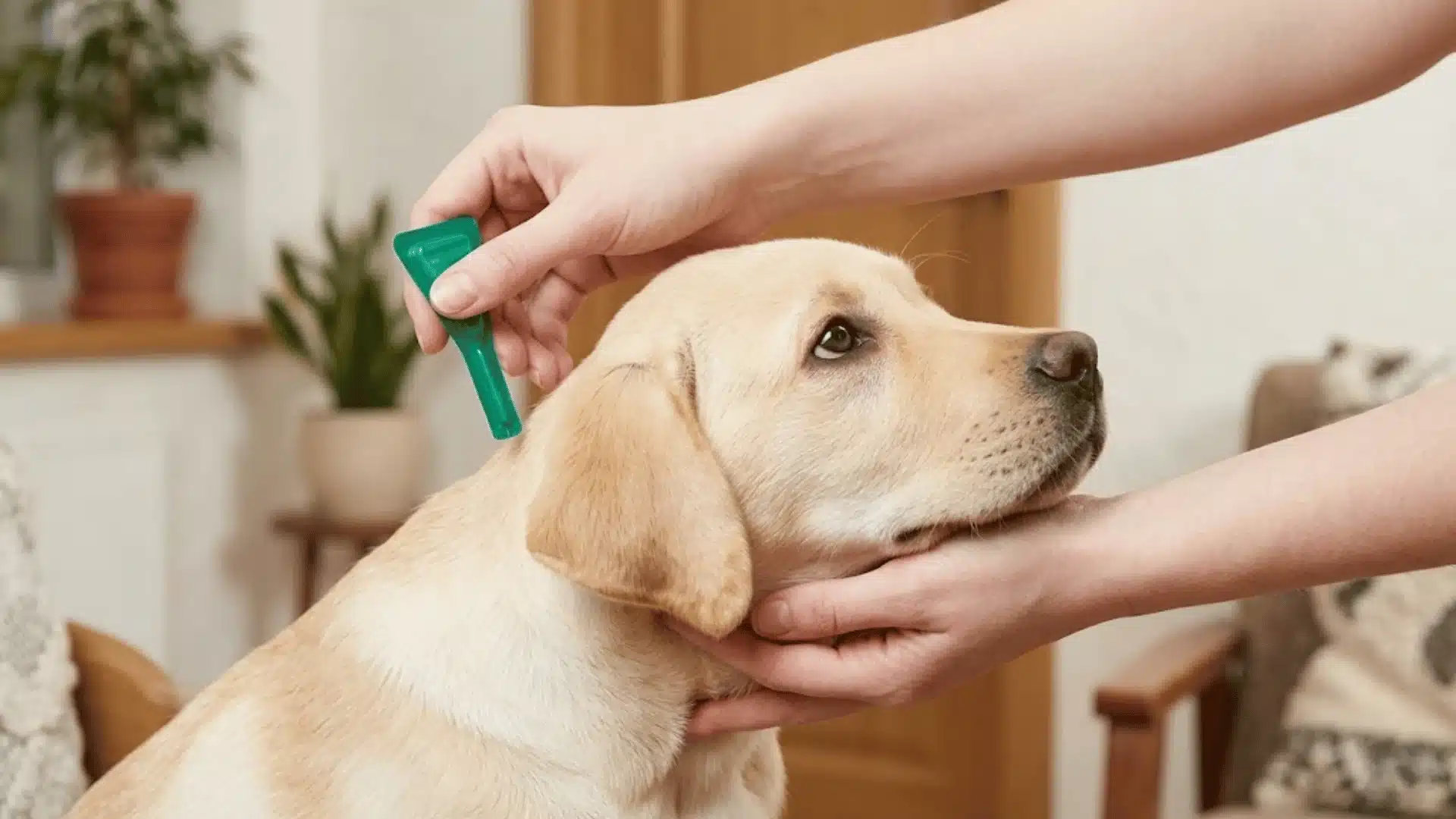 Person applying neem oil to a calm Labrador puppy during a home pet care routine indoors