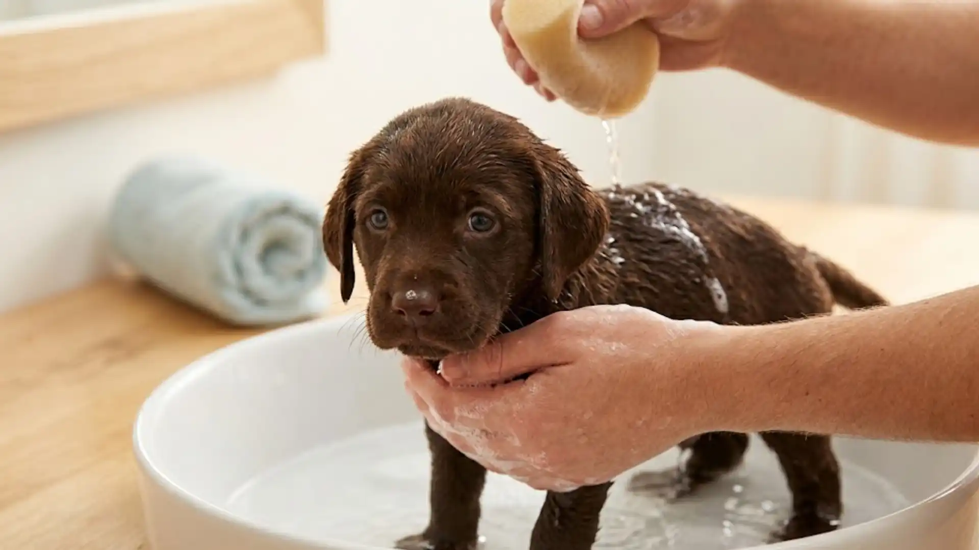 Person gently bathing a small brown puppy in a basin, pouring water with a sponge while supporting its head
