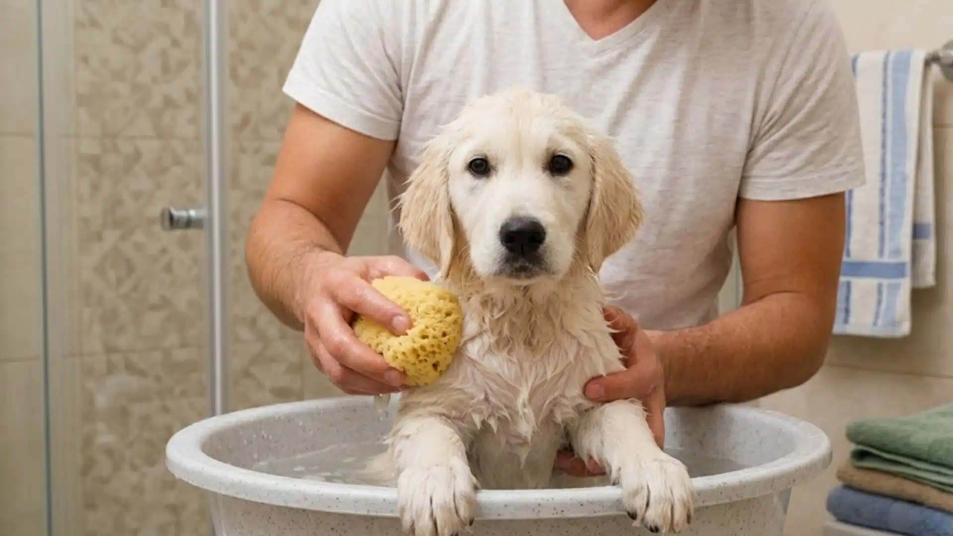 Person gently bathing small puppy in basin using sponge, holding it steady while keeping it calm and secure