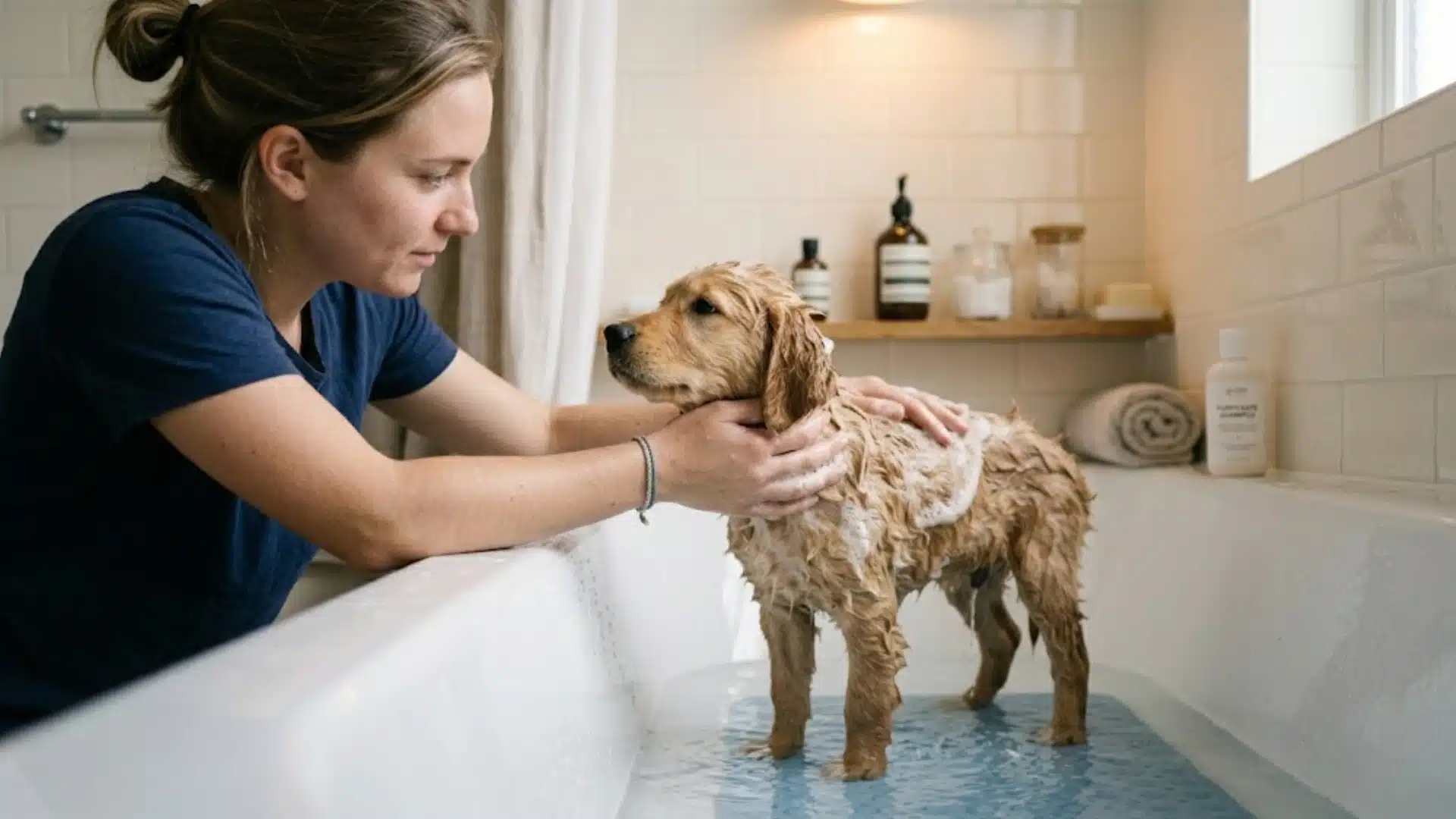Person gently holds and washes puppy in bathtub, keeping movements slow and calm to reduce stress during bath time