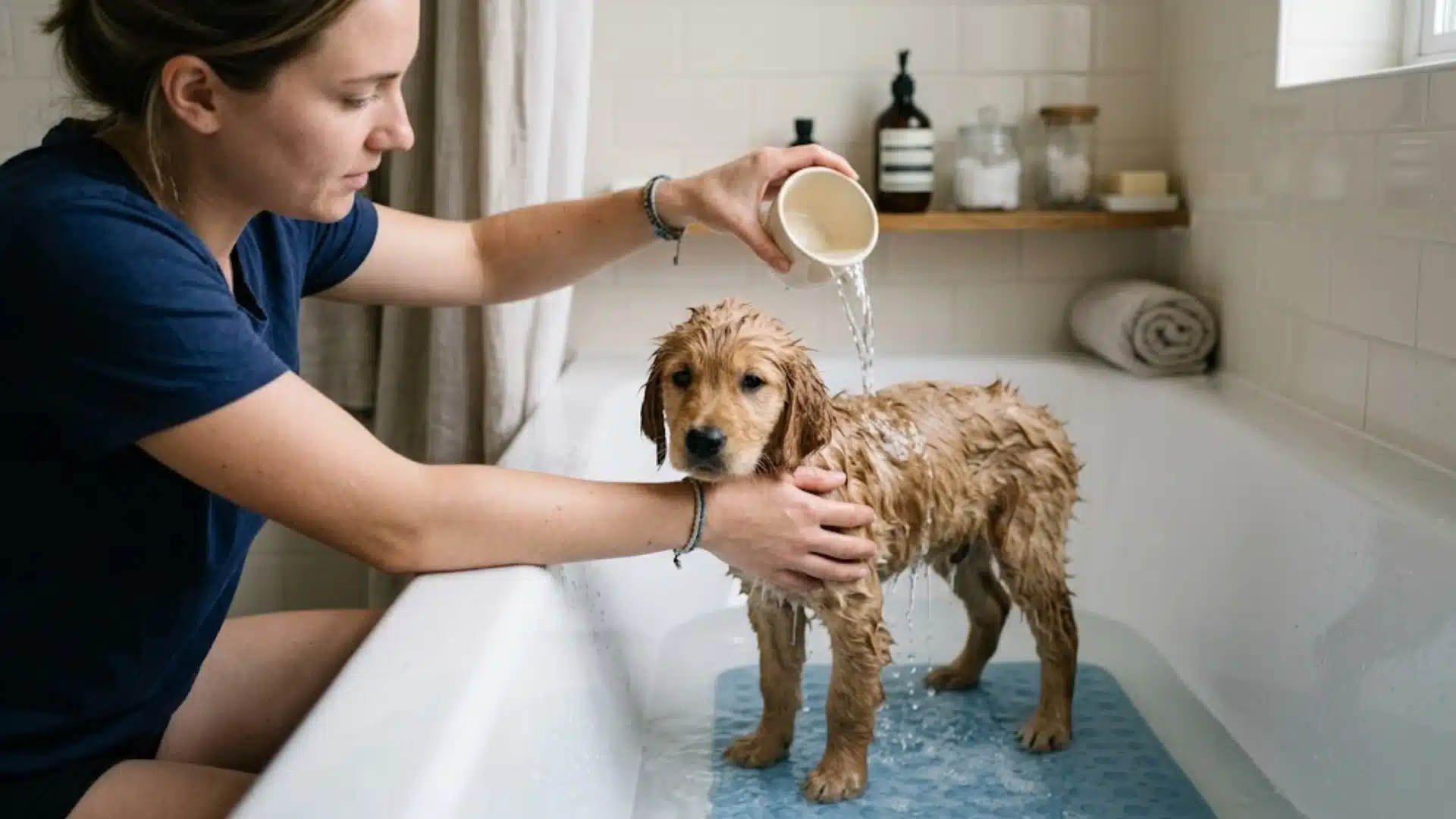 Person gently pours water over small puppy in bathtub, carefully wetting body while avoiding face and ears with calm handling