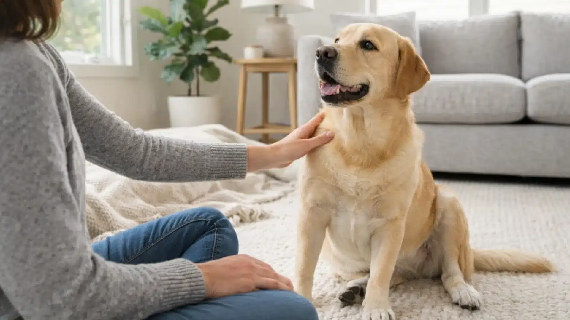 Person petting happy golden retriever sitting on carpet in bright living room with sofa and plant in background