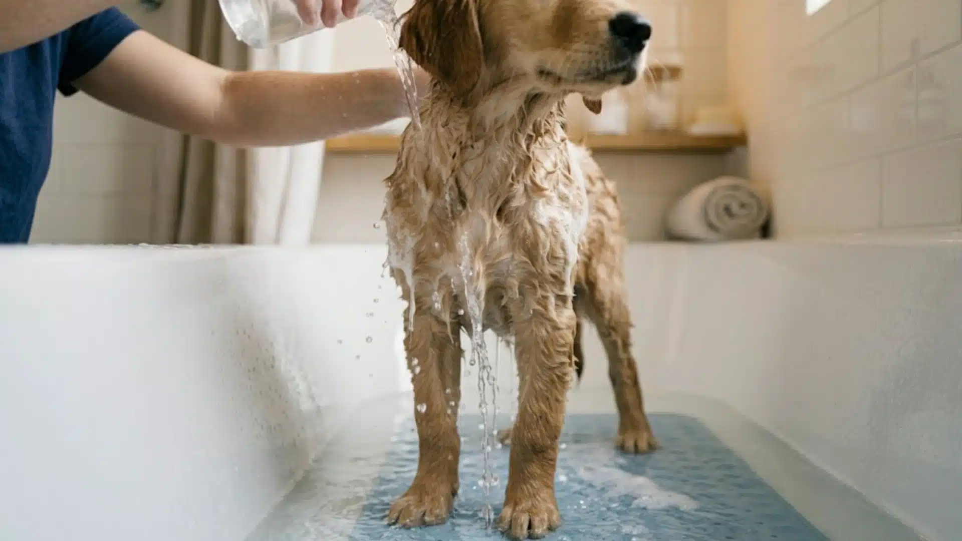 Person rinses puppy thoroughly with clean water in bathtub, washing away shampoo from chest and legs gently