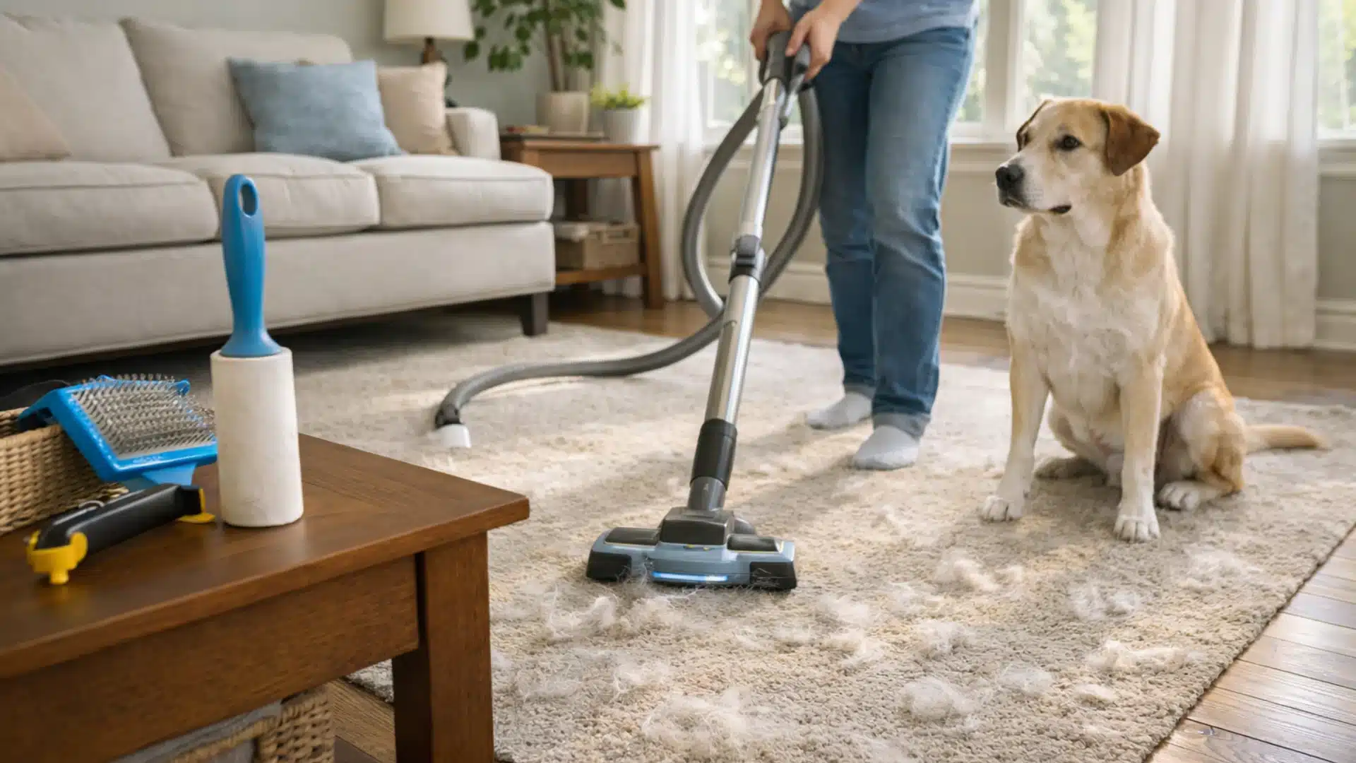 Person vacuuming dog hair from carpet while dog sits nearby in a clean, well lit living room with grooming tools visible