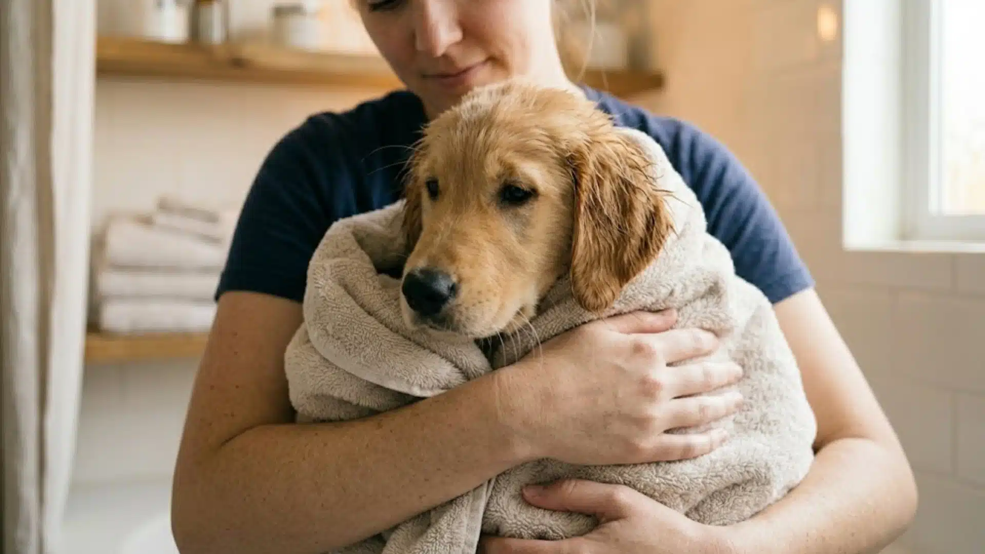 Person wraps freshly bathed puppy in soft towel, gently holding it close to keep warm and calm after bath time