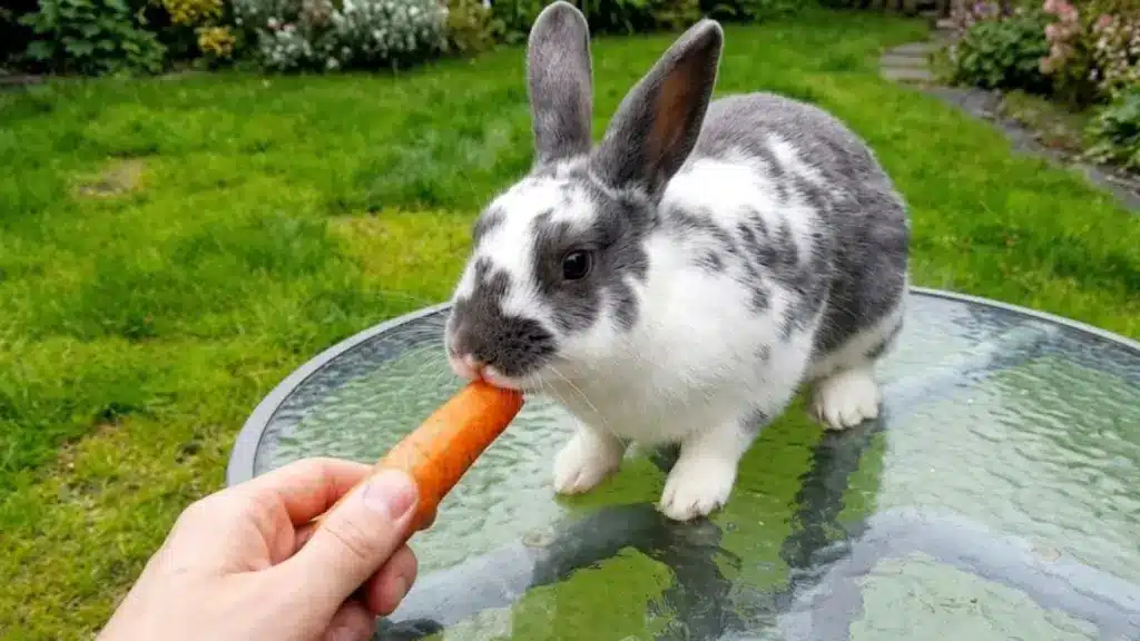 Pet rabbit eating carrot from hand on outdoor table, showing feeding habits and common diet mistakes