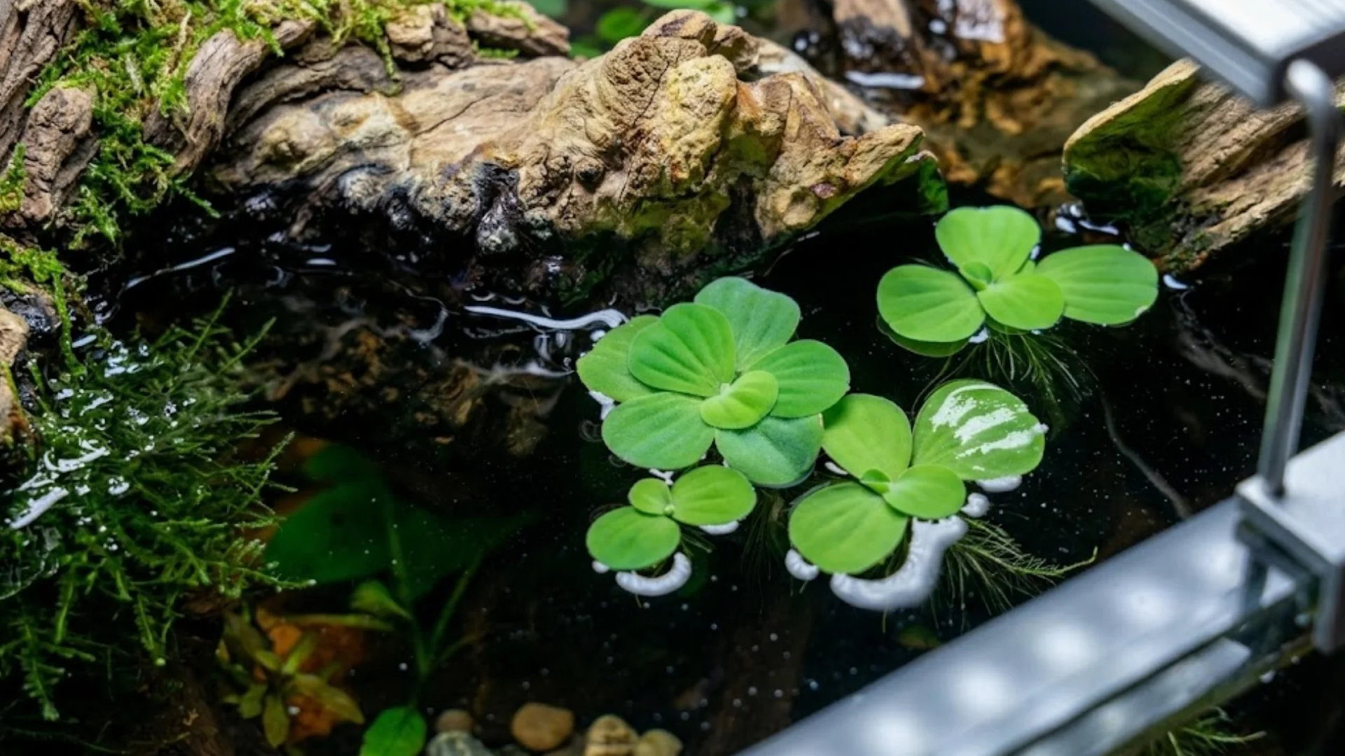Pistia Stratiotes floatingmwith driftwood, clear water, and natural aquascape detail