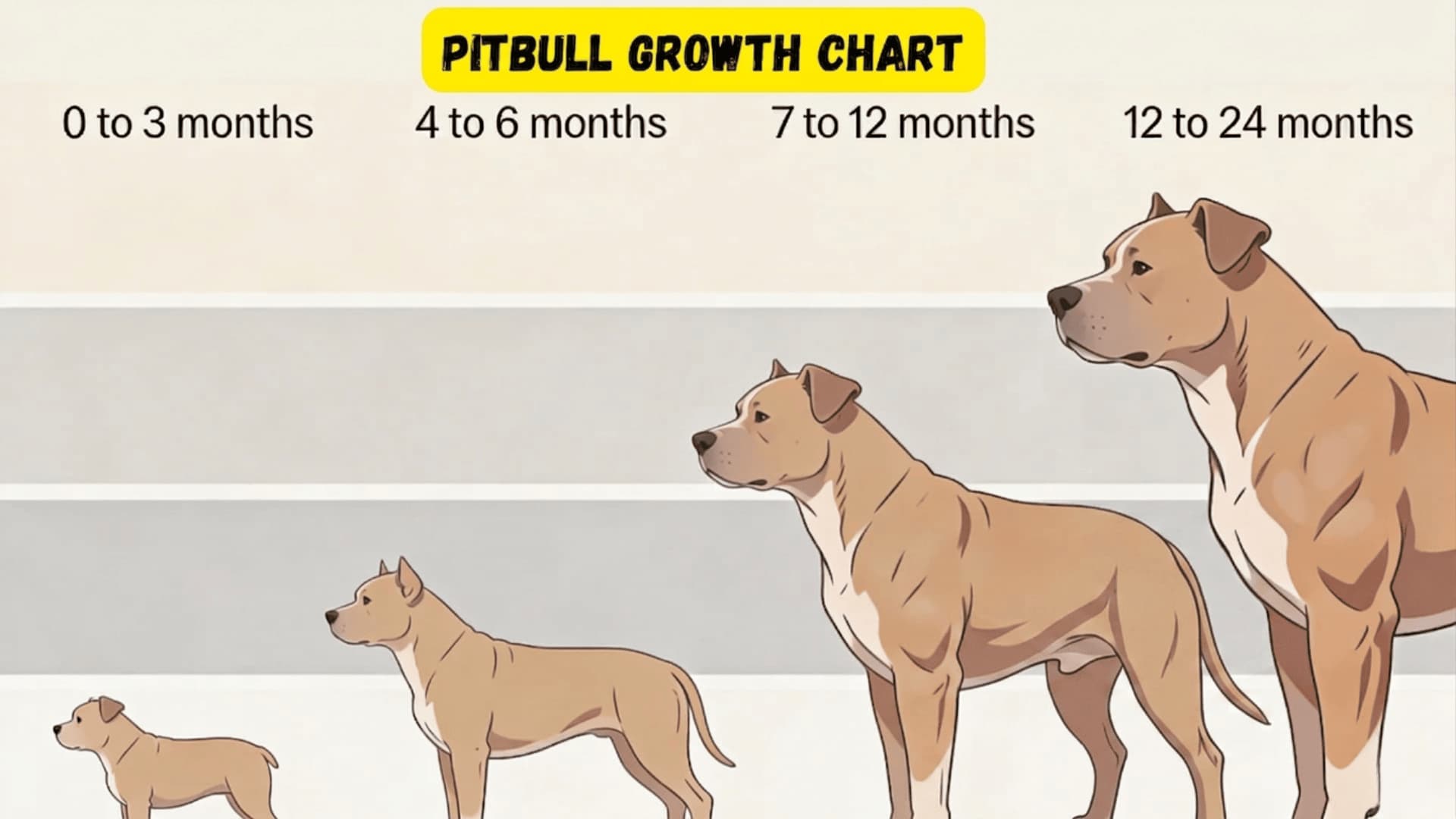 Pitbull growth chart, from 0 to 24 months, in four illustrated stages
