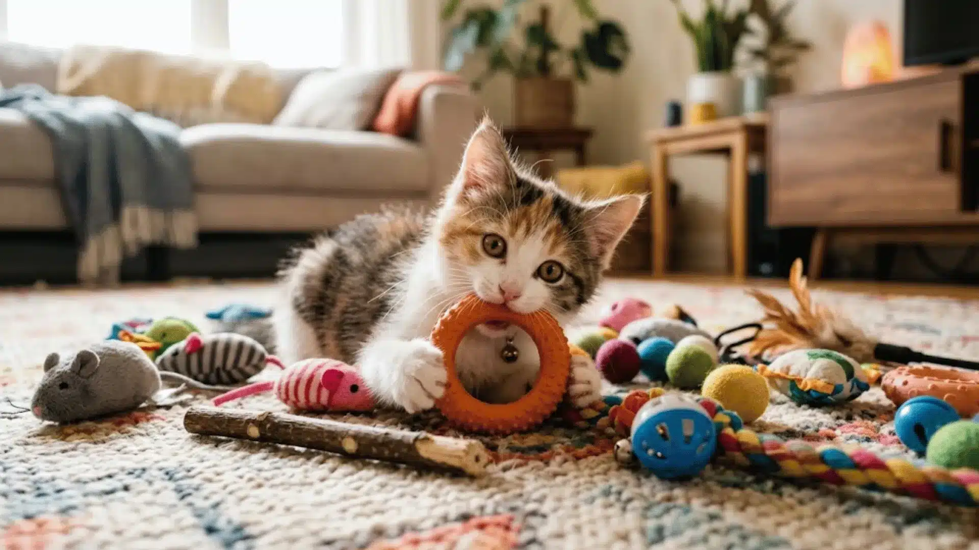 Playful kitten chewing an orange ring toy surrounded by colorful toys on a cozy living room rug