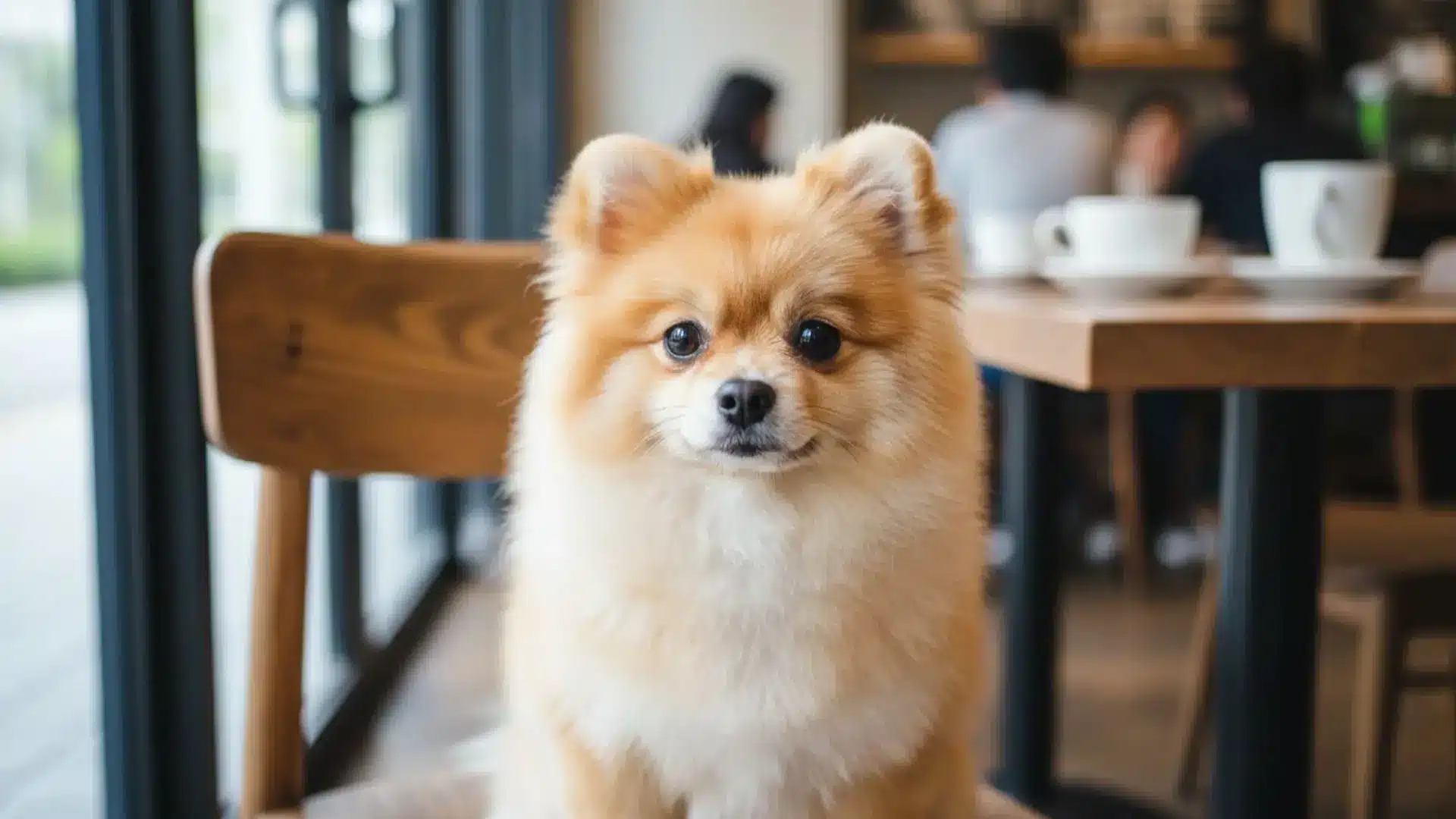 Pomeranian dog with a teddy bear haircut sitting indoors small fluffy orange dog in cozy cafe environment
