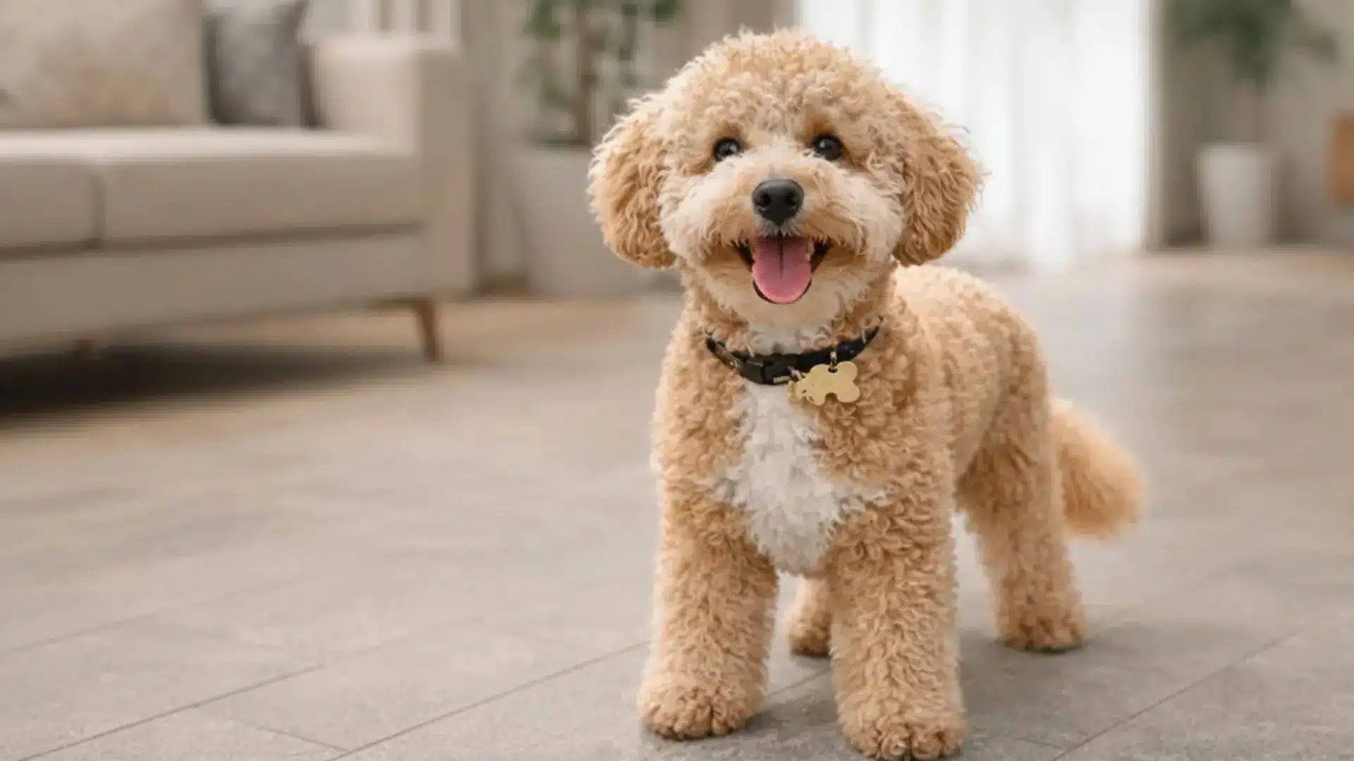 Poochon dog standing indoors smiling small curly coated dog with collar in modern living room setting