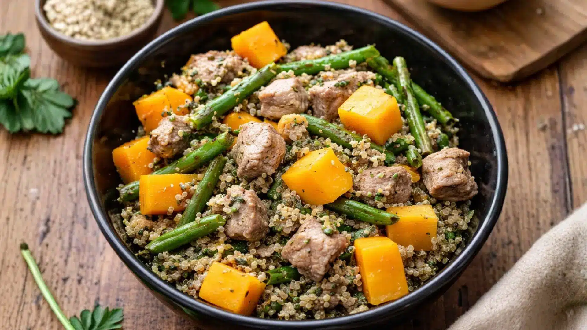 Pork chunks with roasted butternut squash and green beans over quinoa