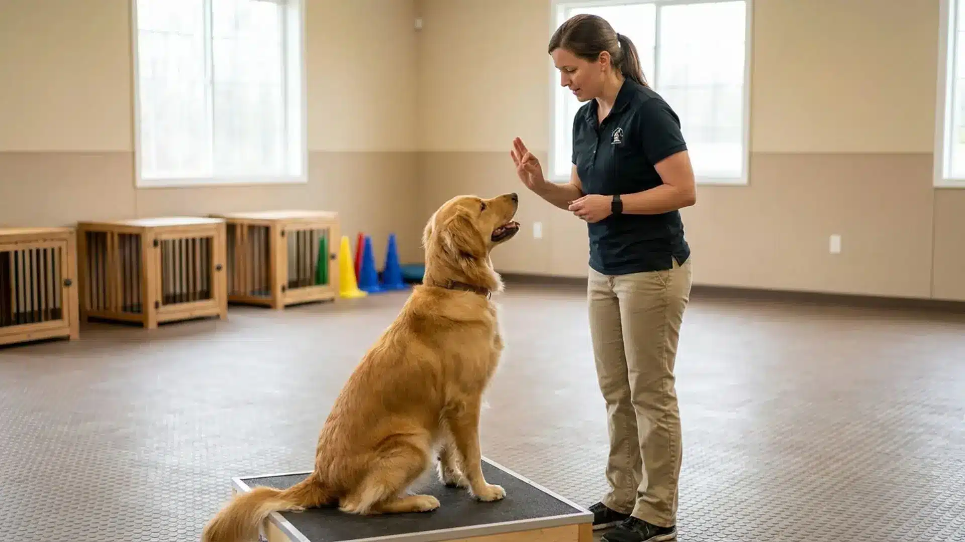 Professional dog trainer teaching golden retriever sit command on platform in indoor obedience training facility