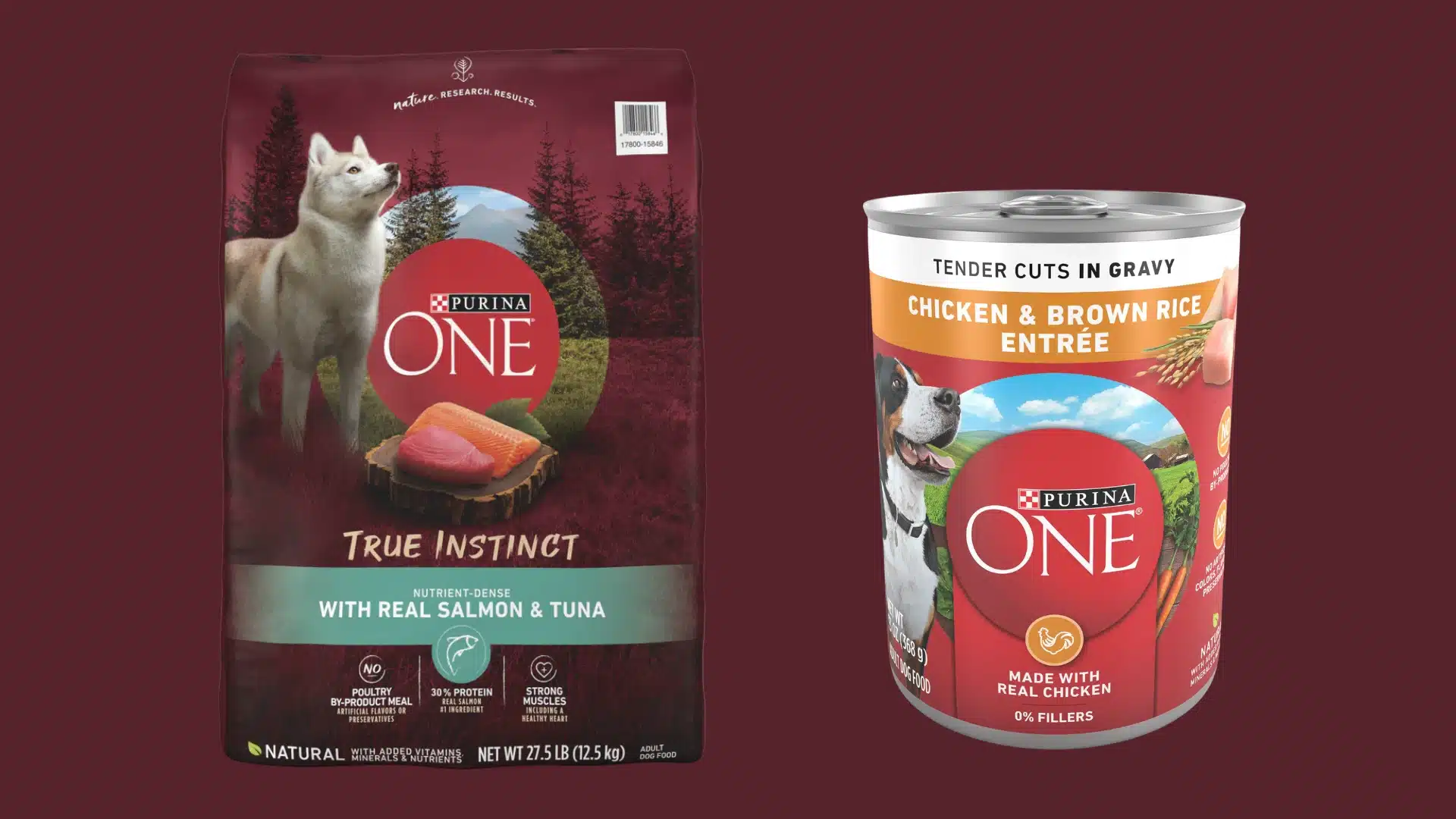 Purina ONE salmon and tuna food bag, and chicken and brown rice can dry dog food formulas