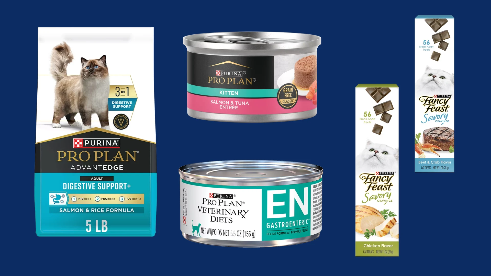 Purina Pro Plan and Fancy Feast cat food products with dry and wet options for digestive care display