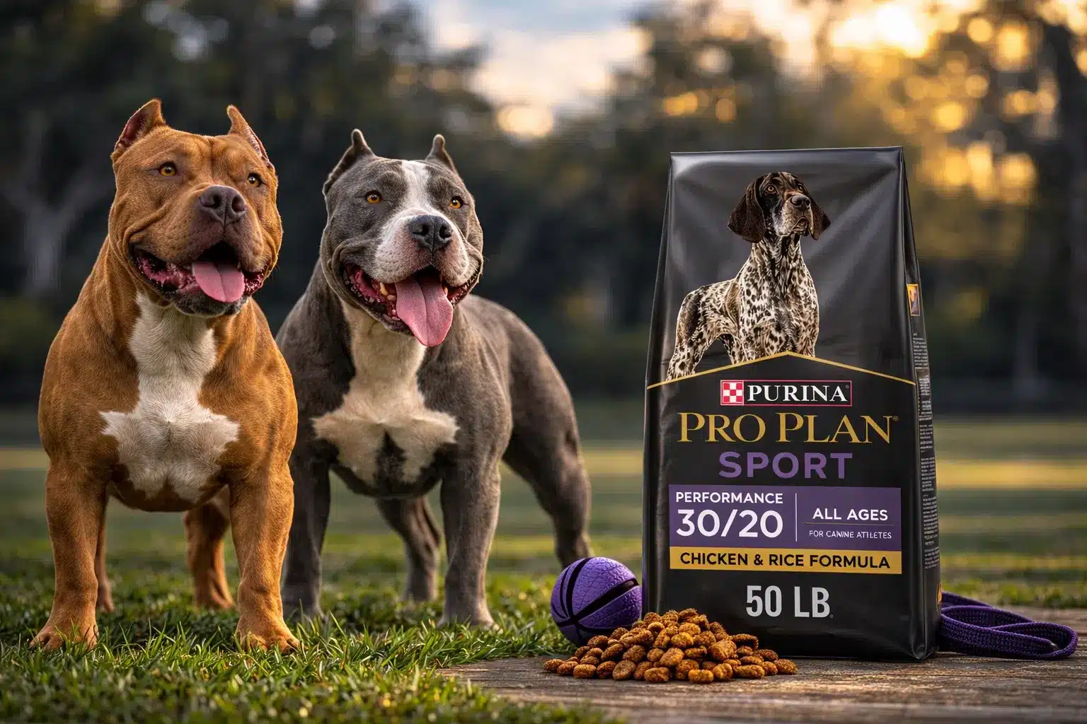 Purina Pro Plan Sport 30 20 chicken and rice dog food 50 lb bag with two muscular pitbulls outdoors
