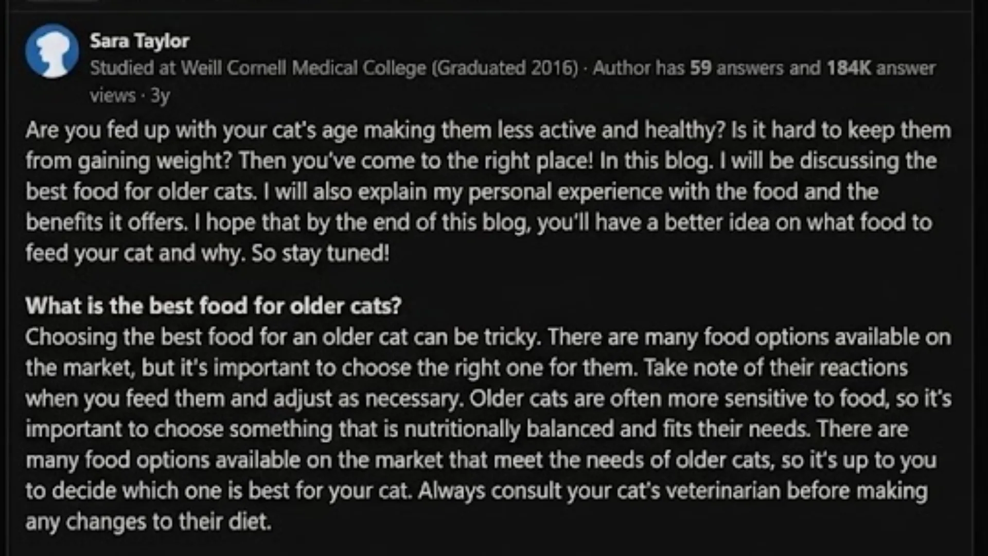 Quora page showing advice on best food for older cats with tips on nutrition and senior cat feeding