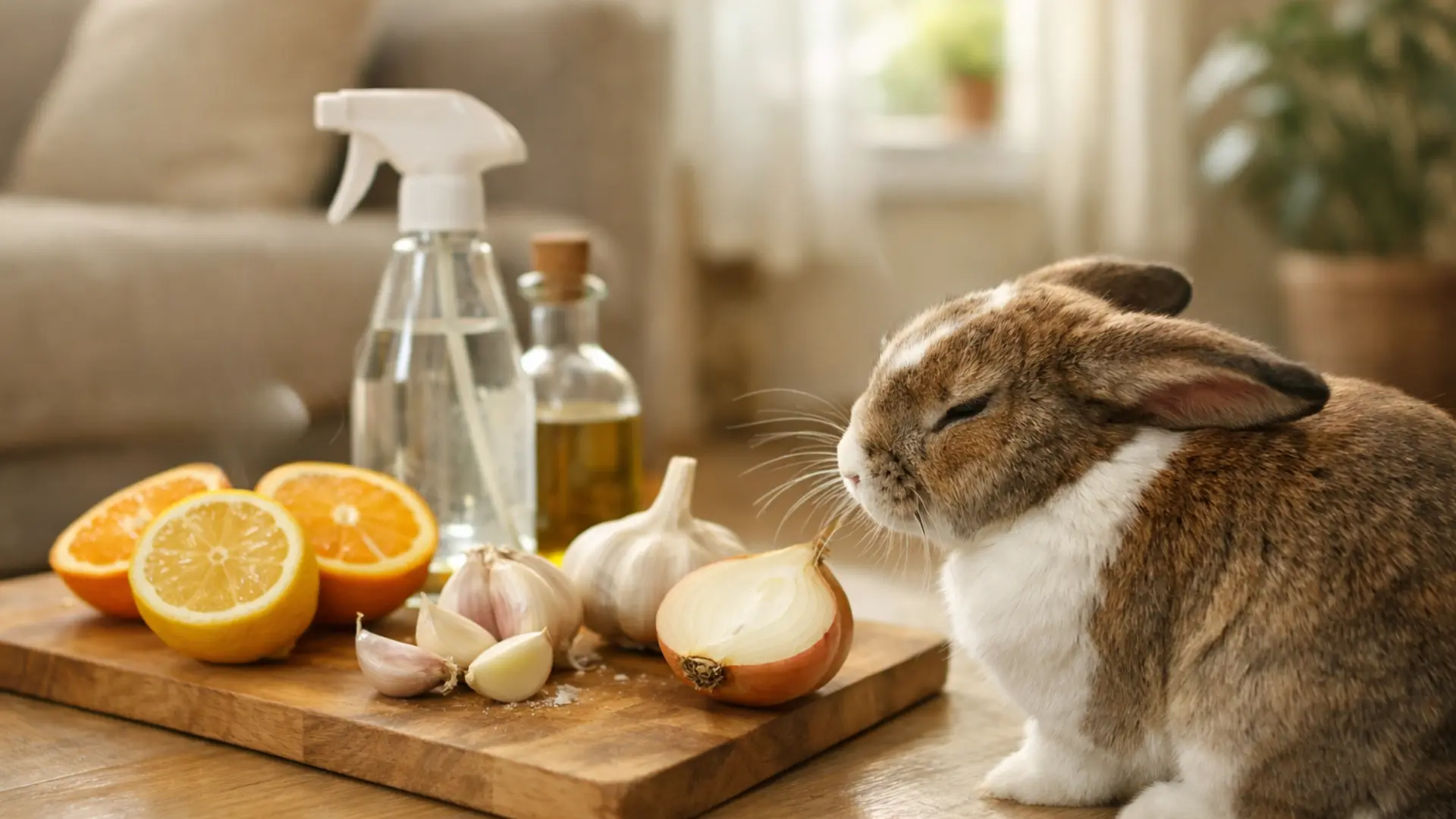 Rabbit beside lemon, garlic, onion and spray bottle on table reacting to cleaning smells