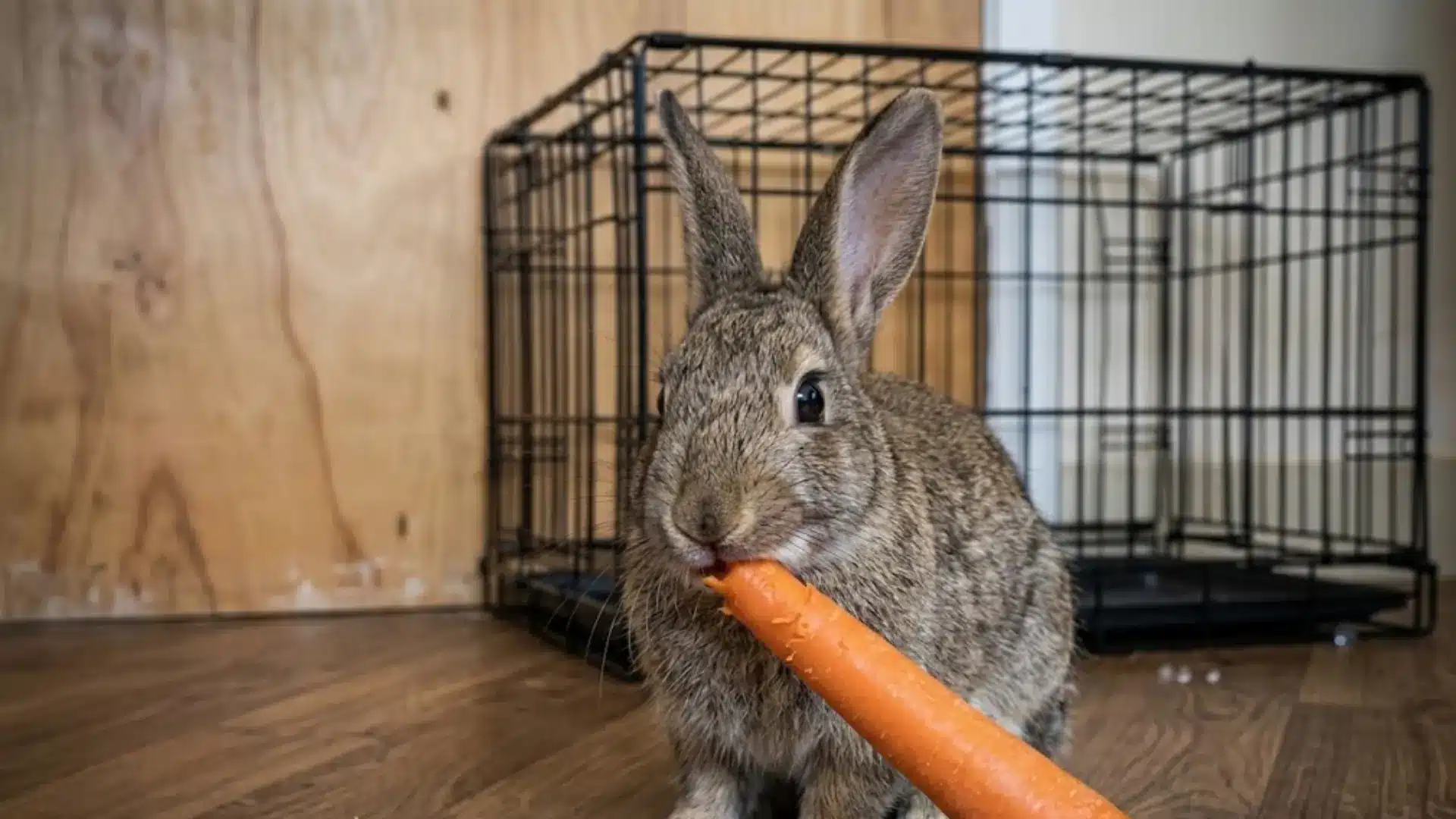 rabbit eating carrot on wooden floor near cage, natural indoor setting, close-up pet feeding scene