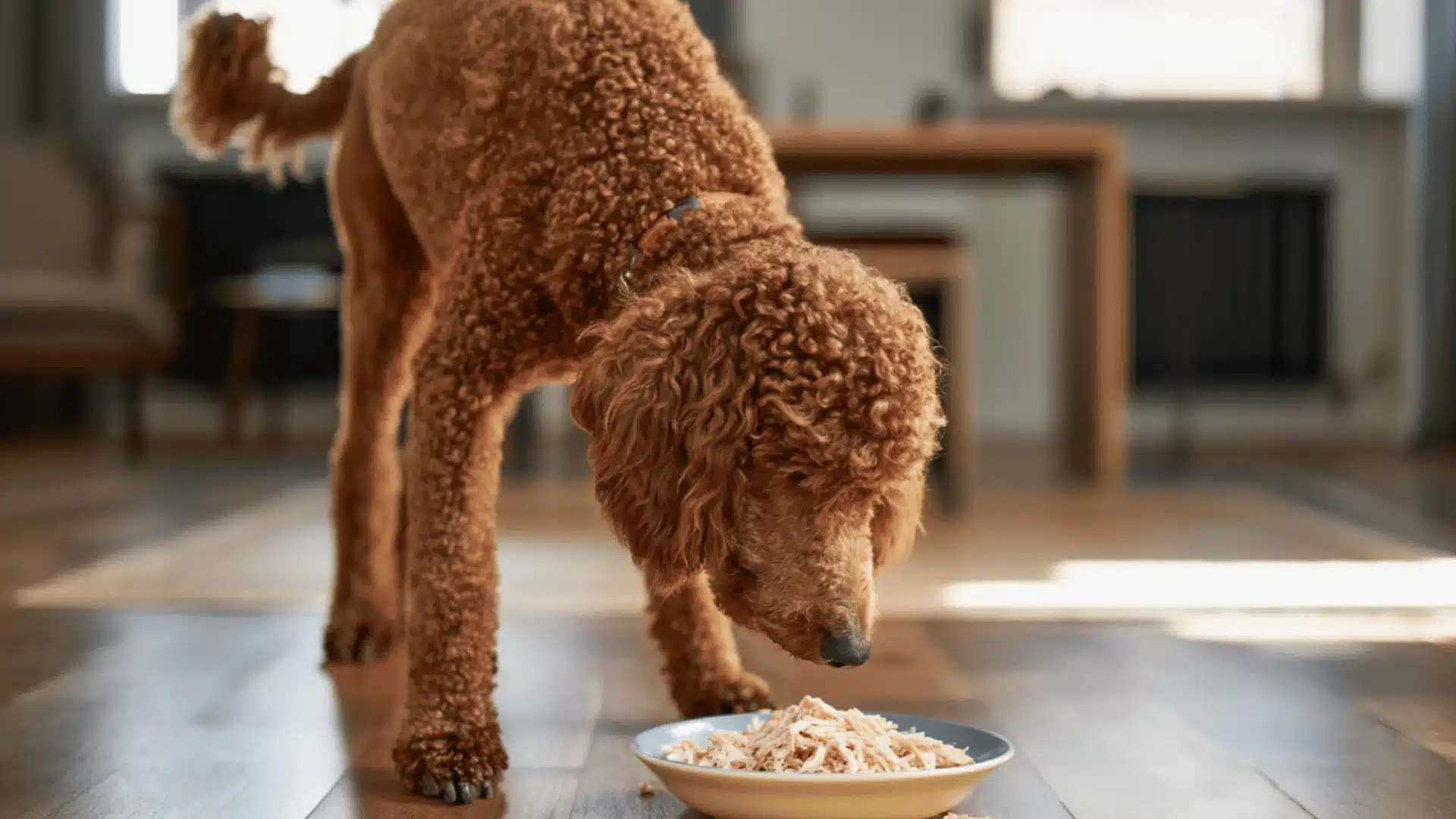 Red poodle indoors sniffing a bowl of shredded food on a wooden floor in a bright home setting