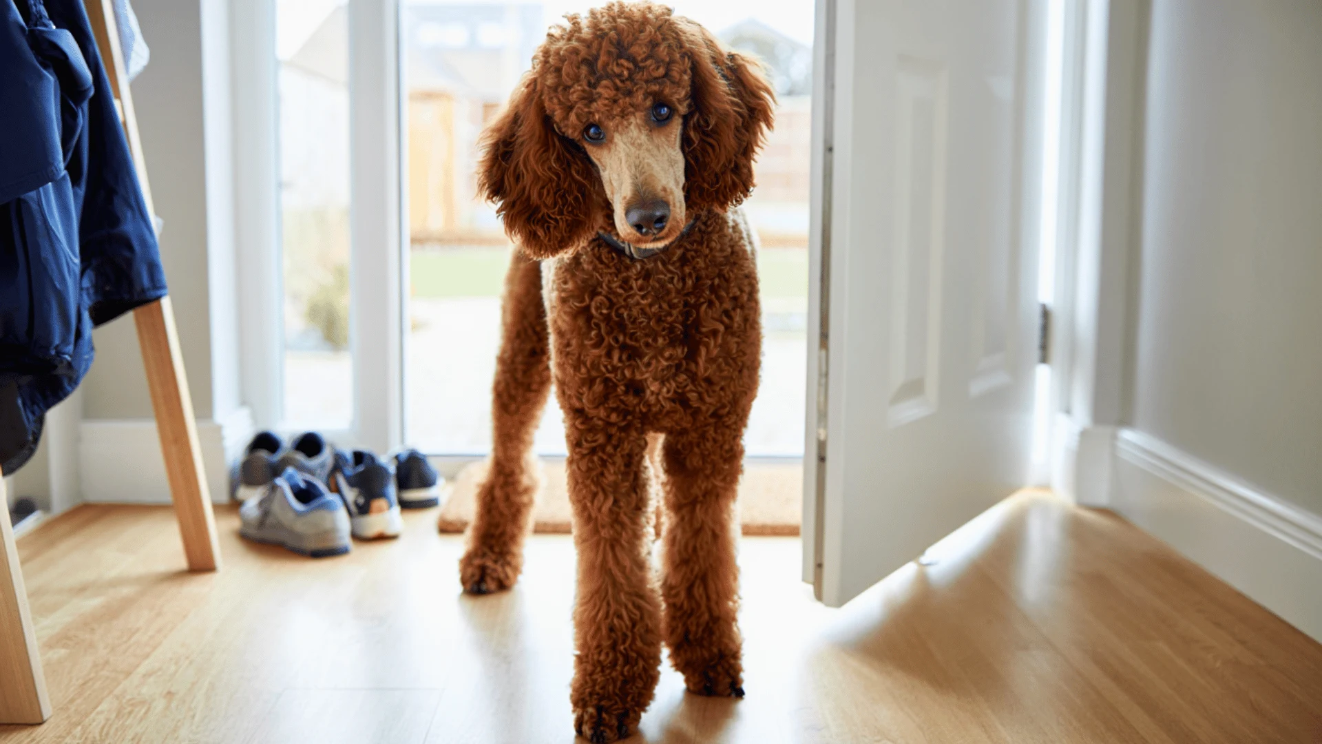 Red poodle standing near an open door indoors with shoes in background and soft natural light