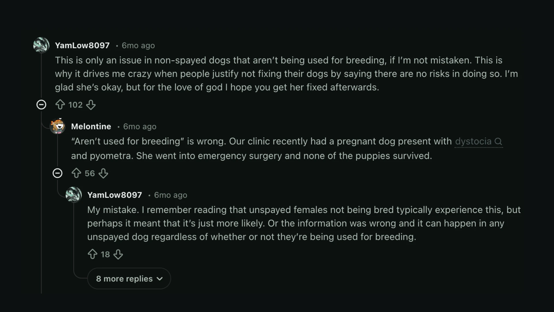 Reddit dark mode comment thread discussing the risks of pyometra and dystocia in unspayed female dogs.