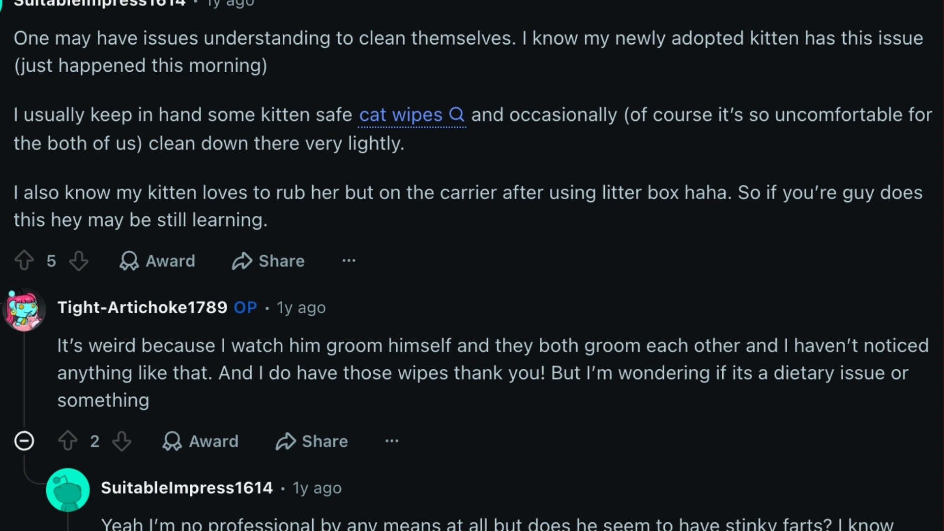 Reddit discussion screenshot about stinky cat butt, users sharing grooming, diet, and anal gland advice in comment thread