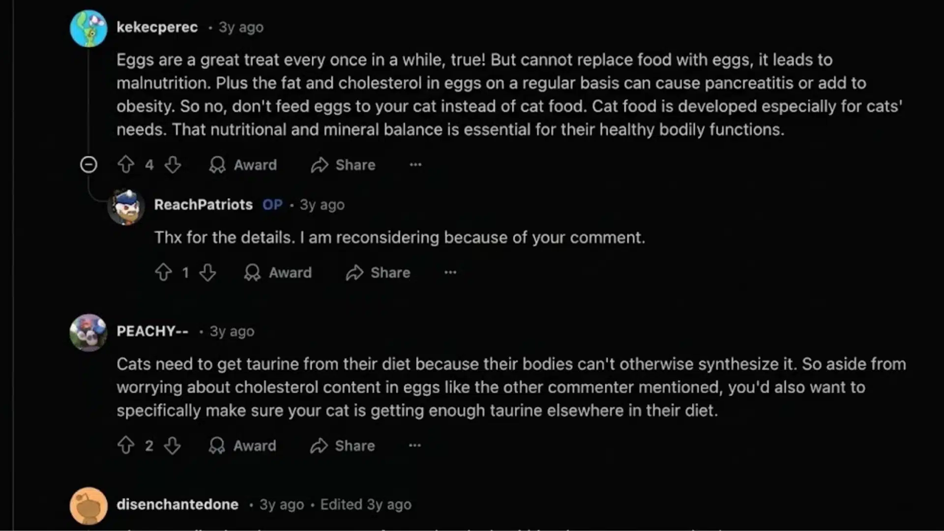 Reddit discussion showing users debating feeding eggs to cats, highlighting risks like malnutrition, obesity, and taurine deficiency