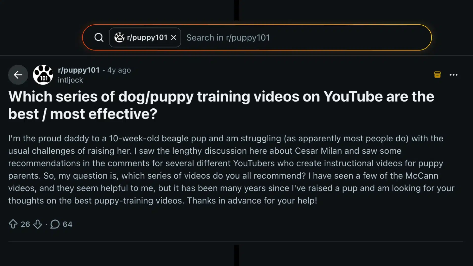 Reddit post asking for best dog and puppy training YouTube videos with user recommendations and discussion comments