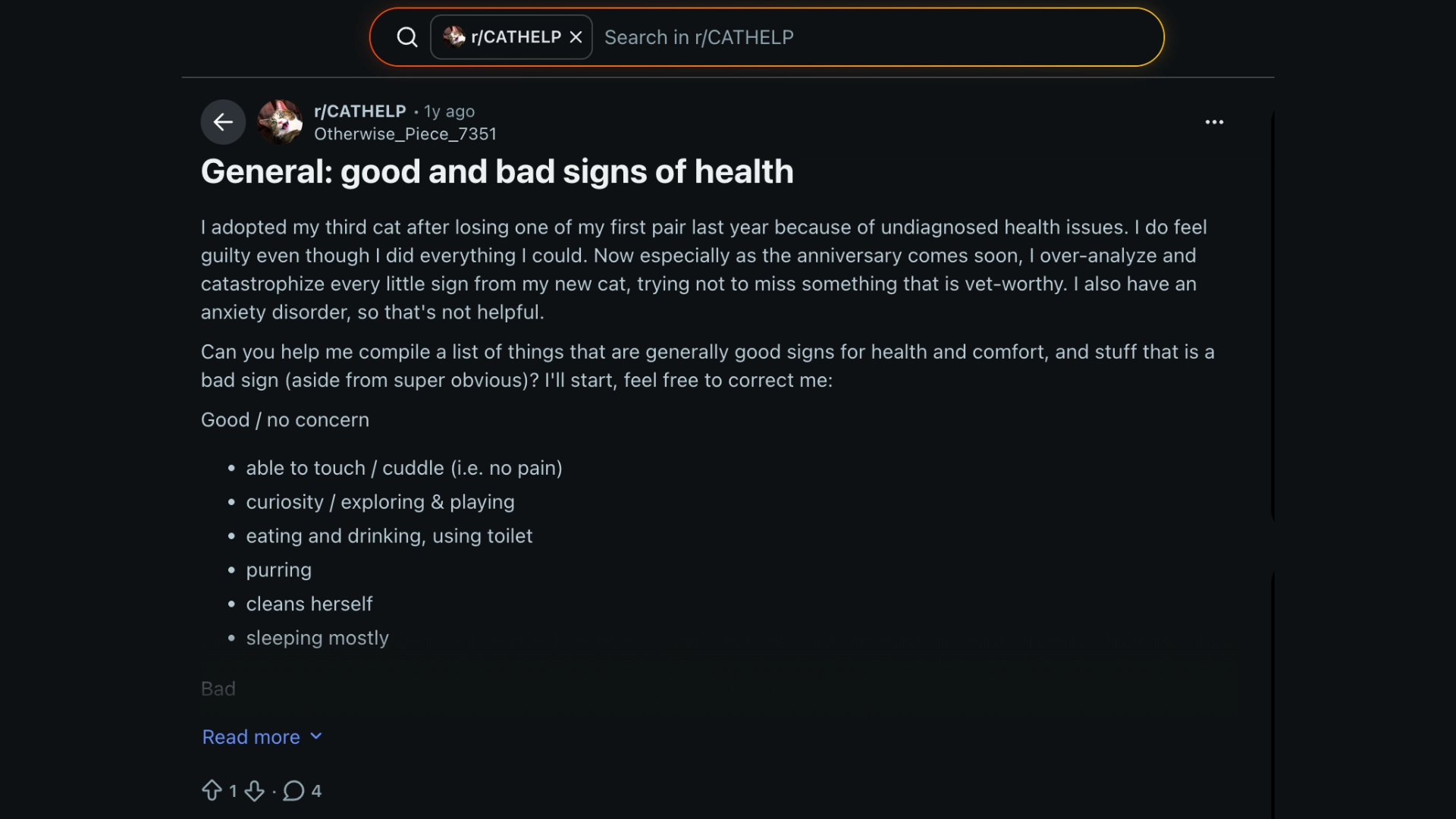 Reddit post discussing good and bad signs of cat health with user comments and pet care tips visible