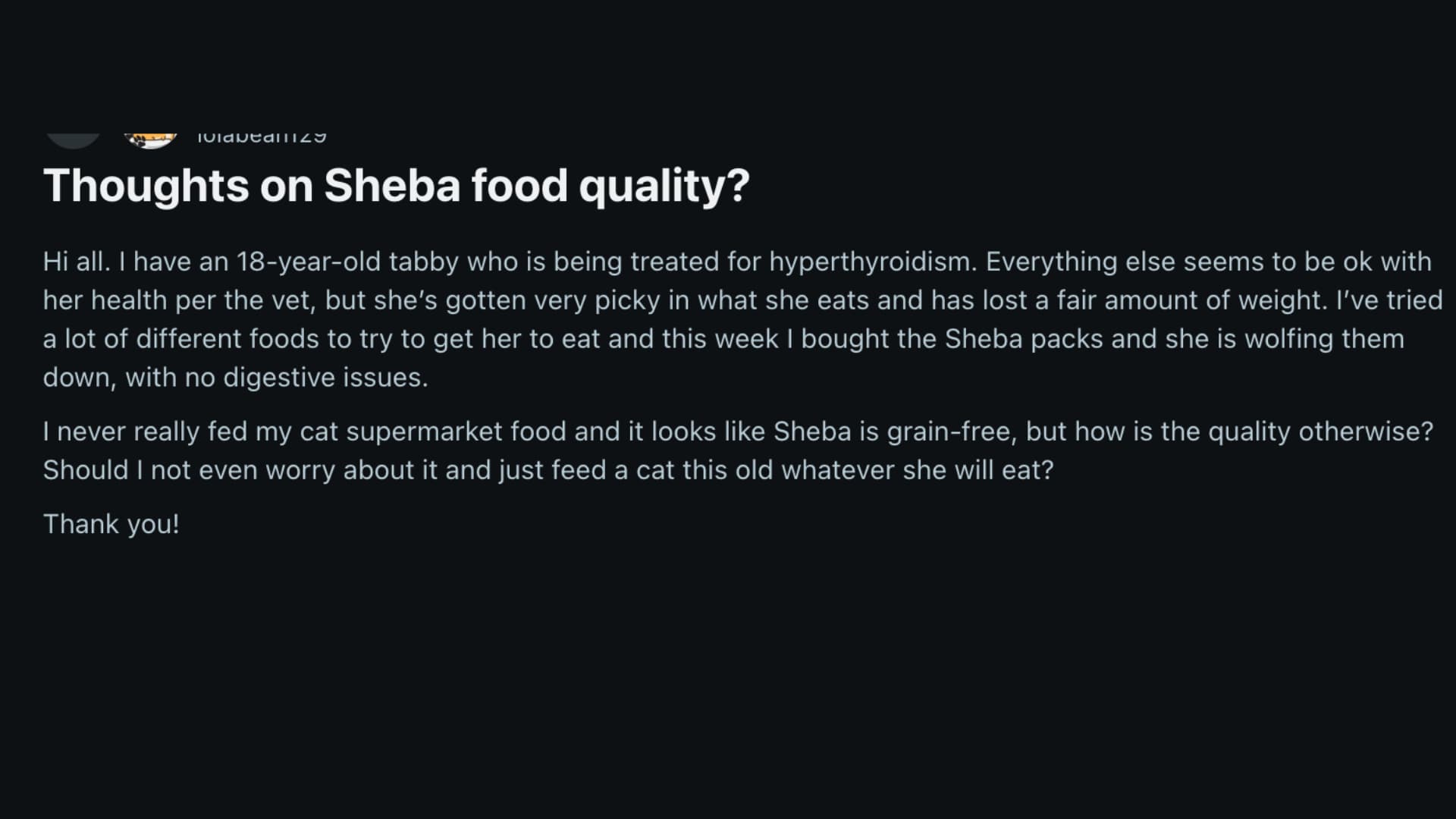 Reddit post discussing Sheba cat food quality for senior picky cat with health concerns