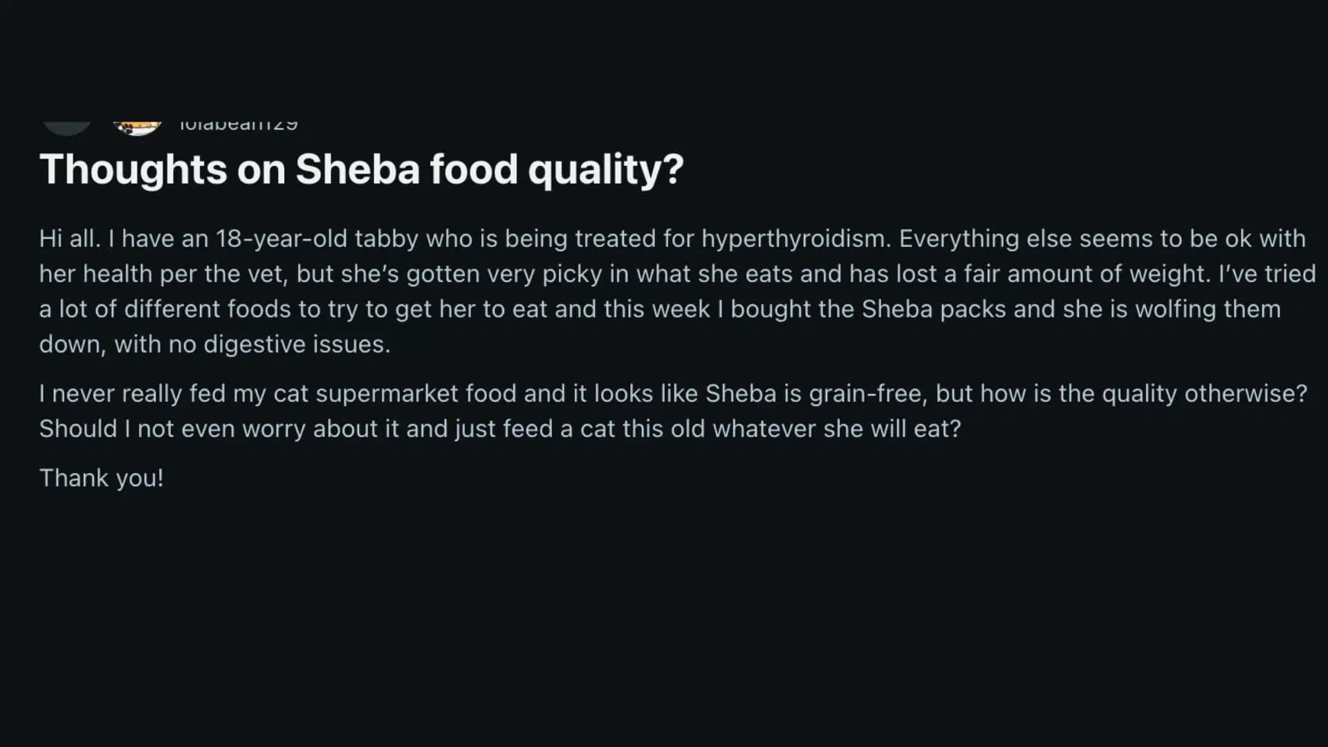 Reddit post discussing Sheba cat food quality for senior picky cat with health concerns