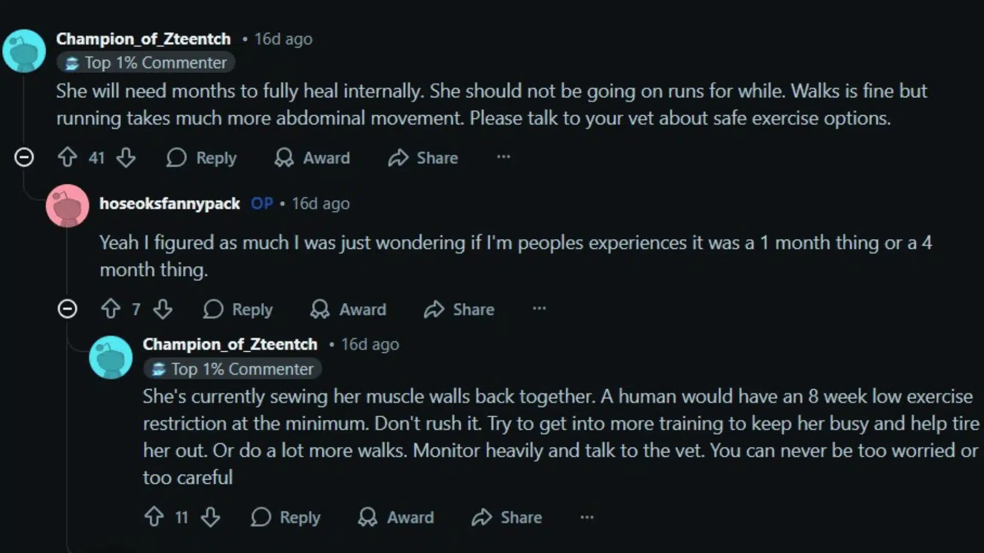 Reddit post discussing timing of spaying female dogs, balancing cancer risk, joint growth, and pyometra concerns