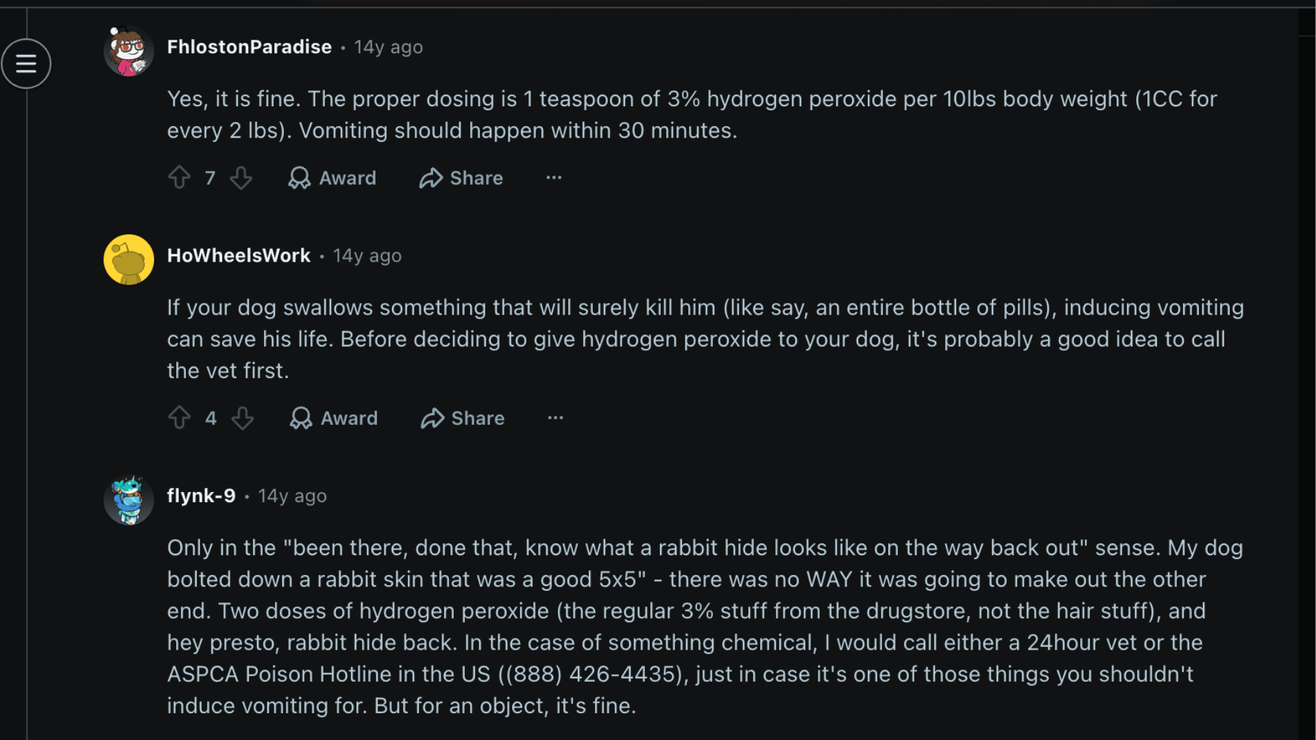 Reddit posts discussing hydrogen peroxide for dogs dosage, safety advice, and inducing vomiting in emergencies
