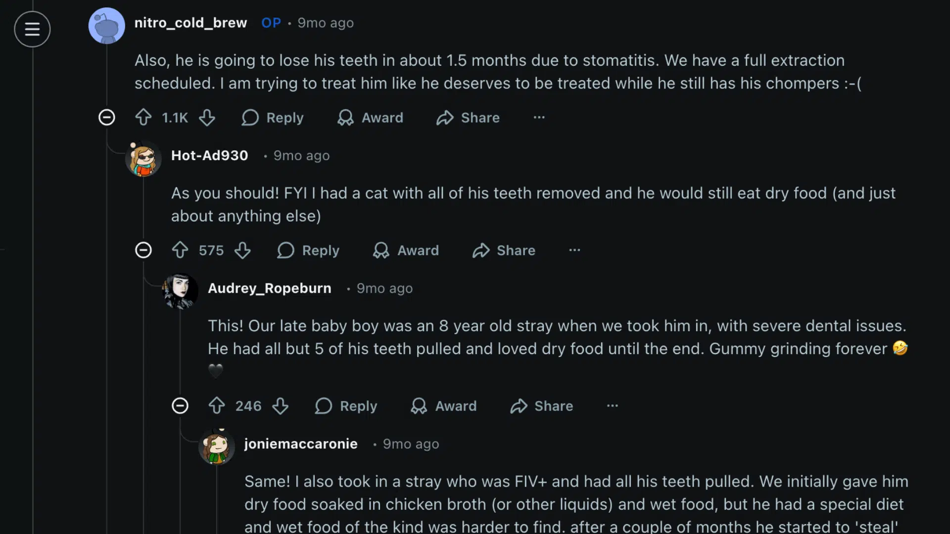 Reddit thread about cats with dental issues, users share experiences of tooth removal and eating habits