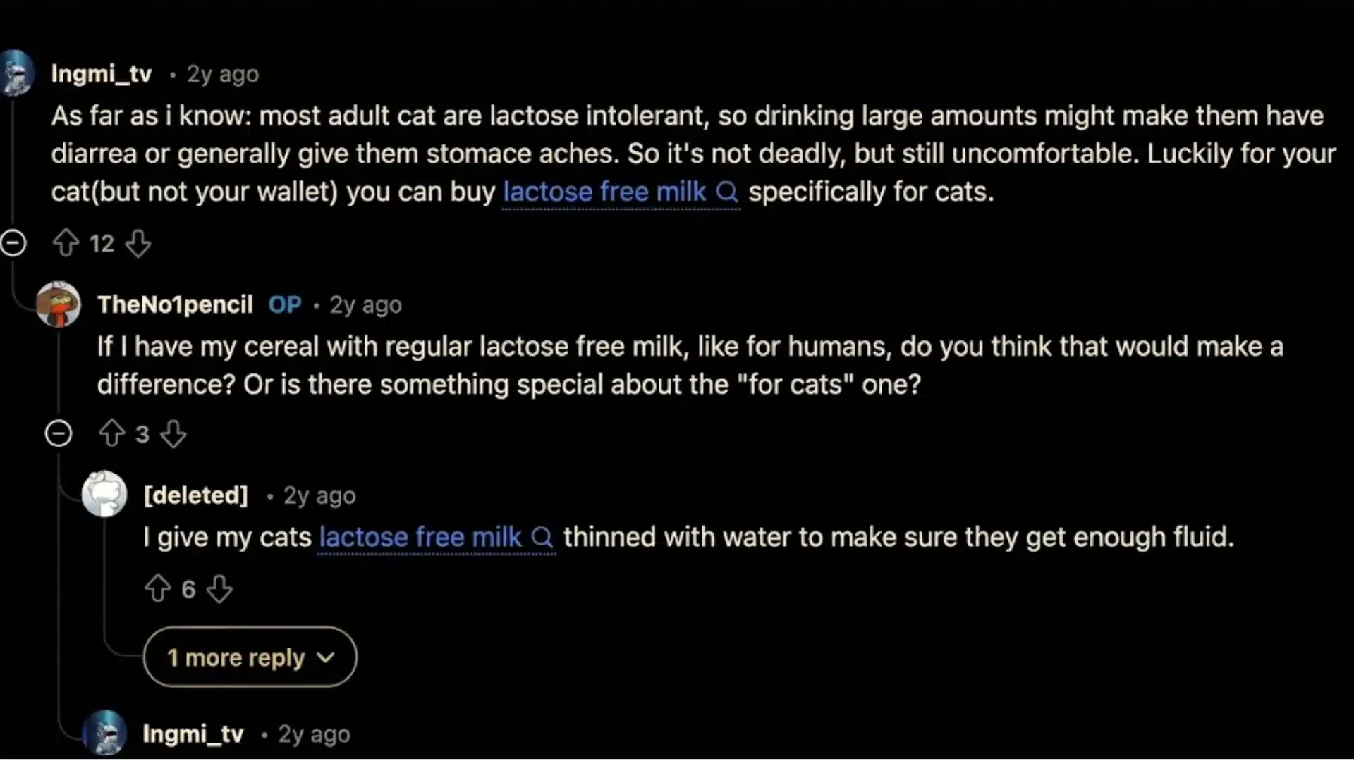 Reddit thread discussing lactose intolerance in cats and whether lactose-free milk is safe for them