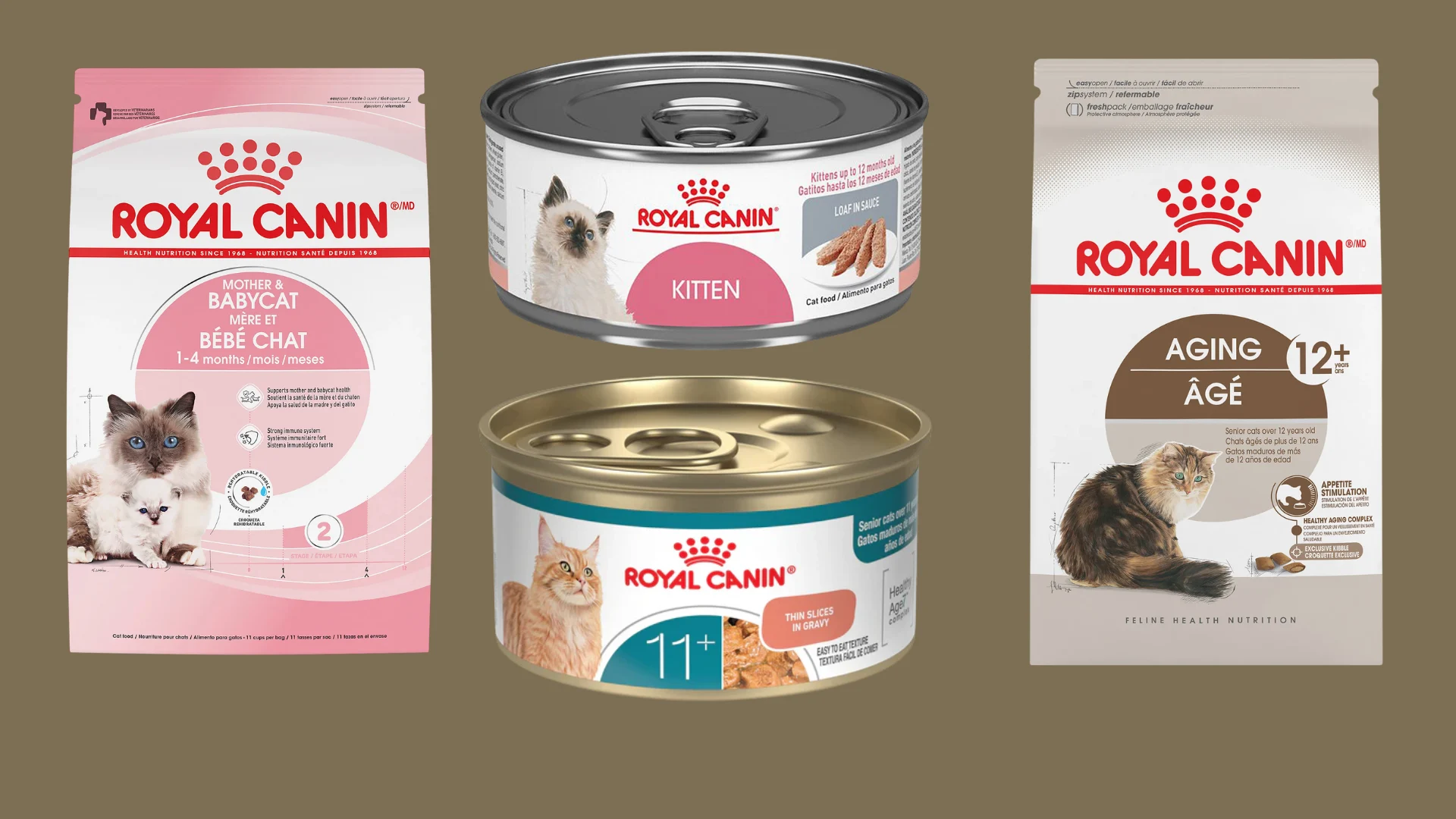 Royal Canin cat food lineup with kitten, adult, and senior options in cans and dry food bags