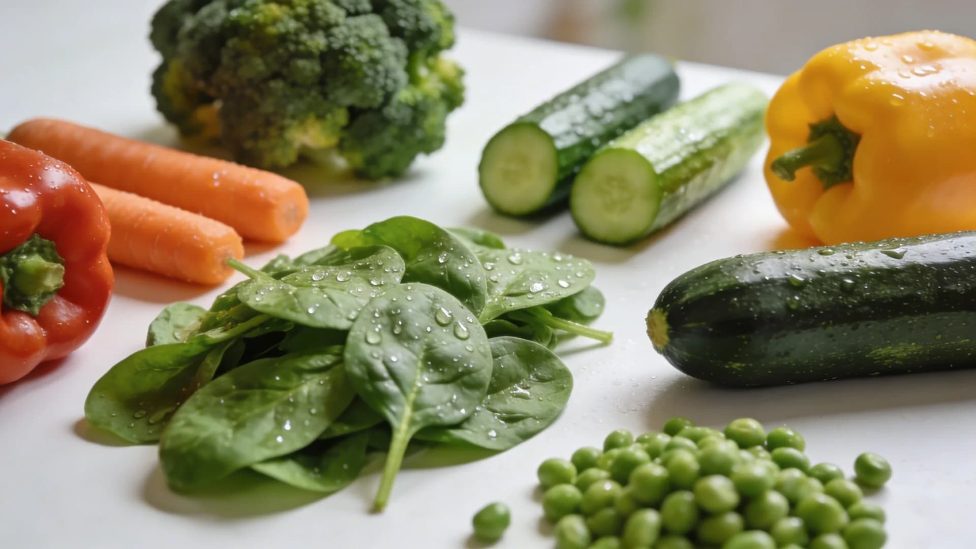 Safe vegetables like broccoli, carrots, cucumber, spinach, bell peppers, zucchini, and peas, neatly arranged on a clean surface