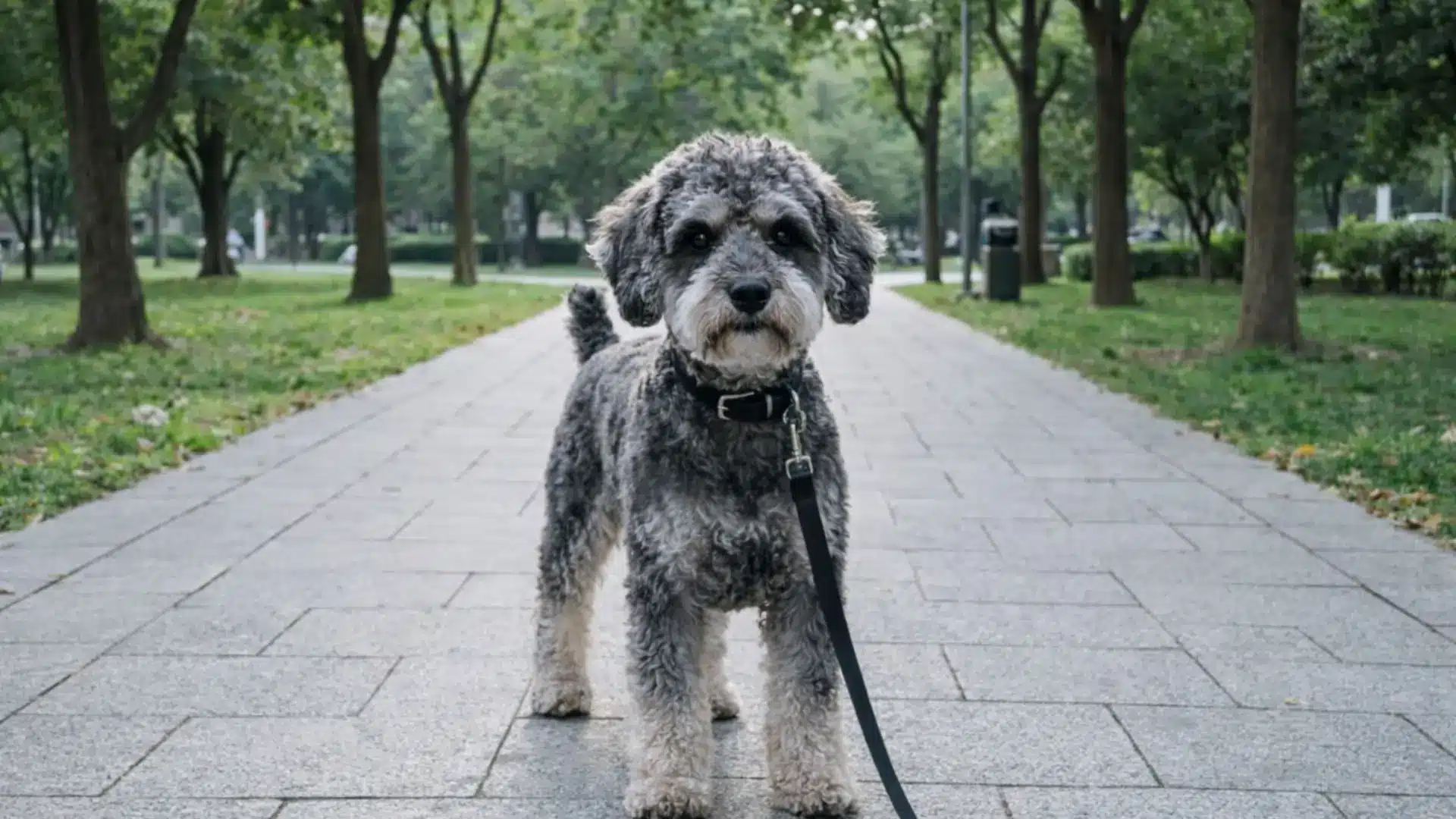 Schnoodle standing on park path on leash small curly coated dog outdoors surrounded by trees and greenery