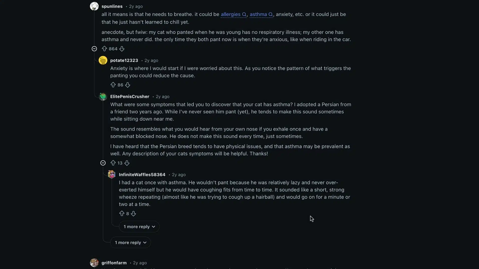screenshot of a Reddit discussion about cat panting