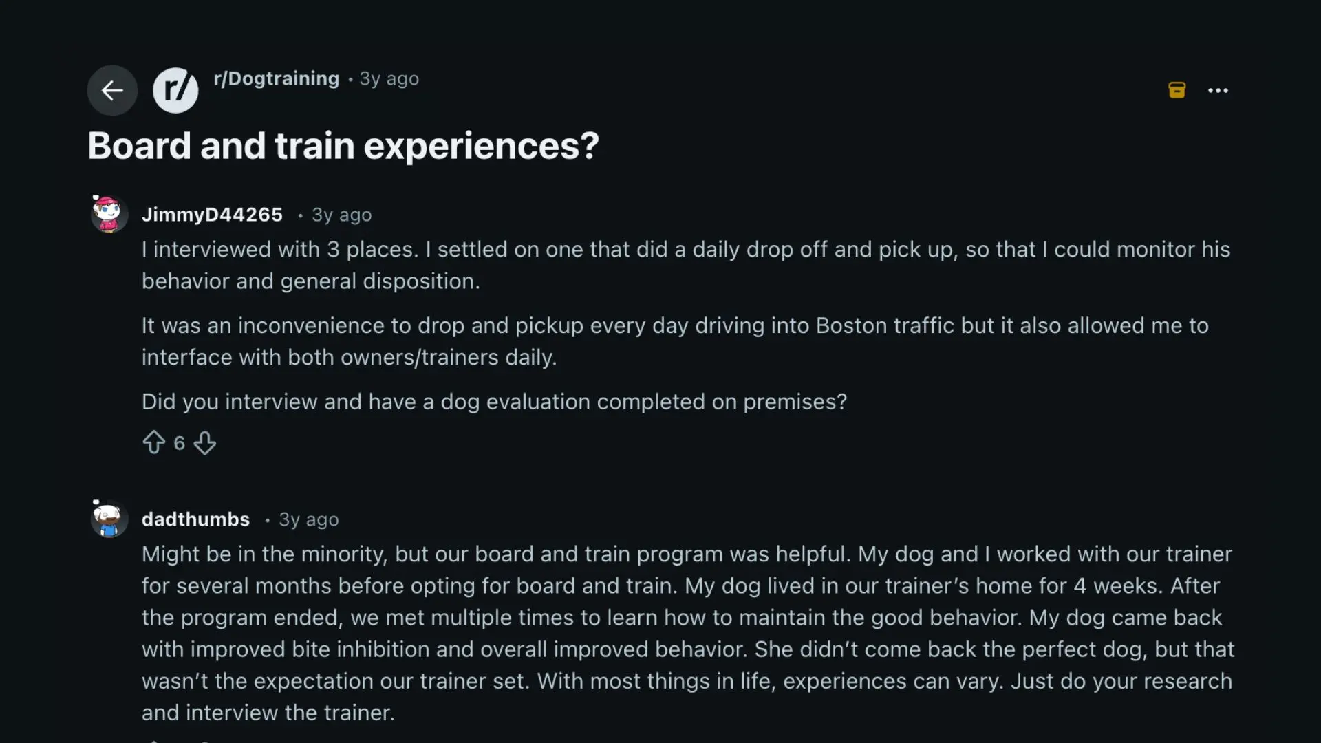 Screenshot of Reddit discussion on dog board and train experiences user reviews about daily drop off and trainer interaction