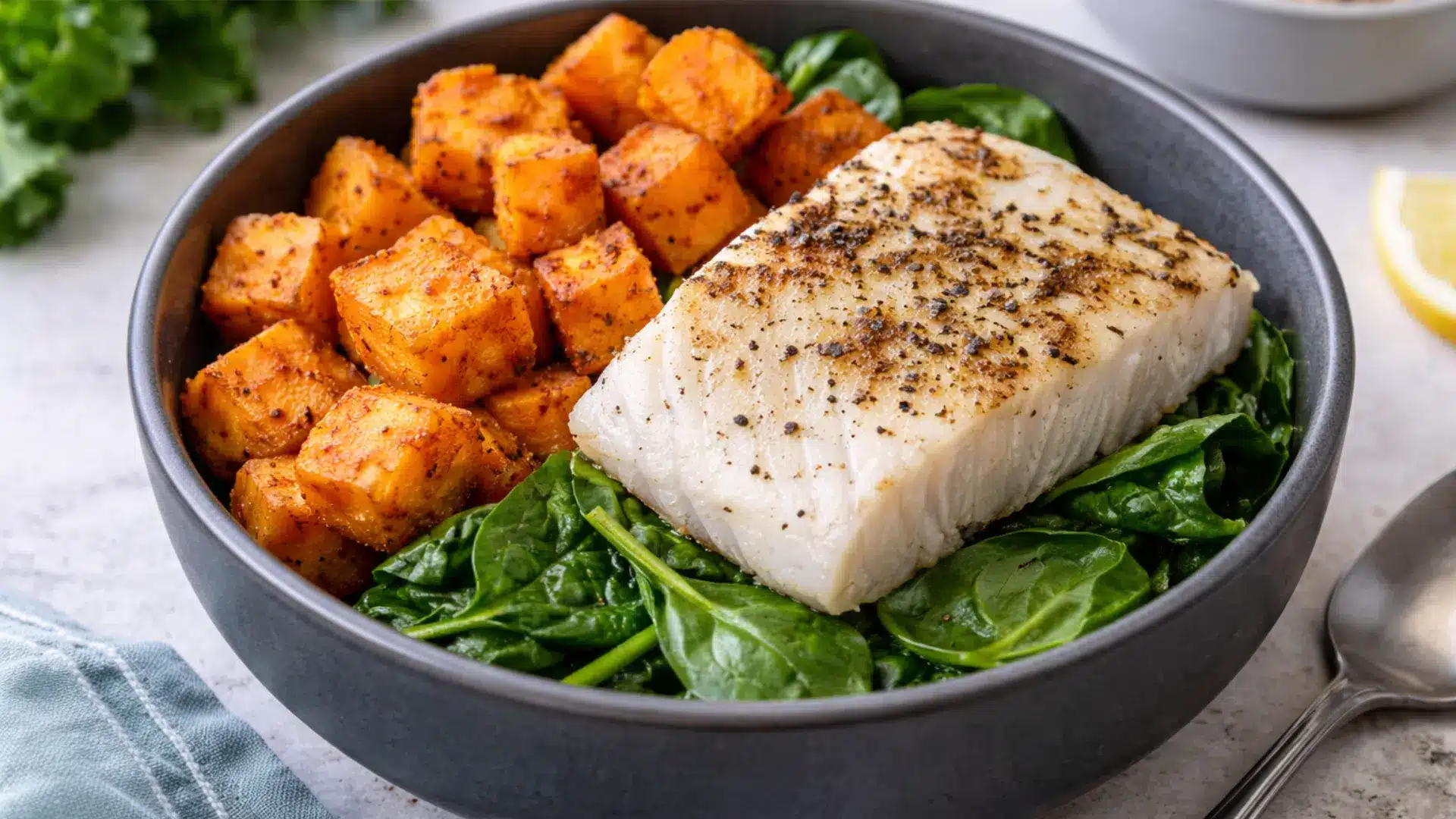 Seasoned cod fillet over fresh spinach with a side of roasted sweet potatoes