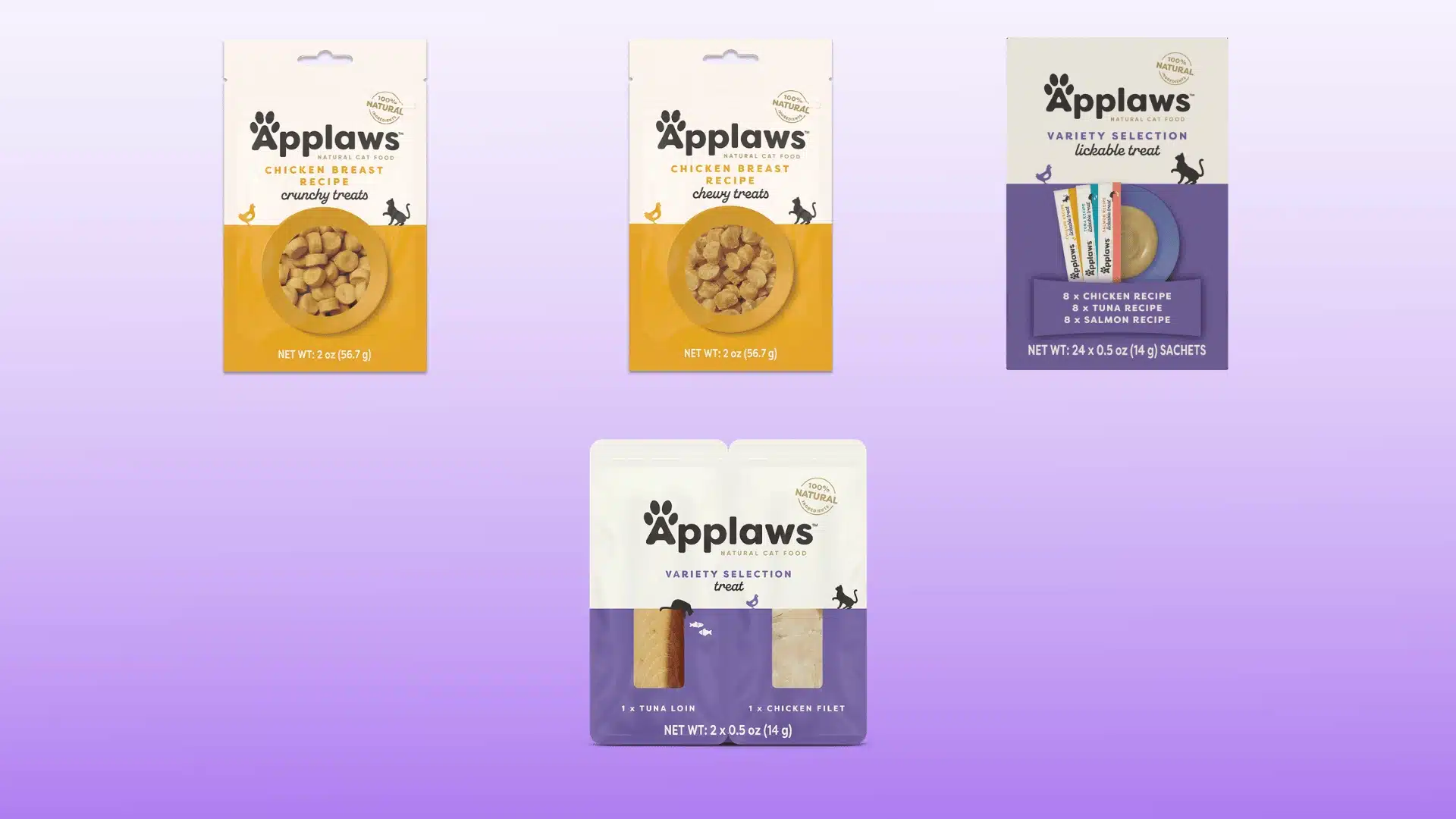 Selection of Applaws natural cat treats including crunchy, chewy, lickable, and fillet varieties next to a fluffy cat.