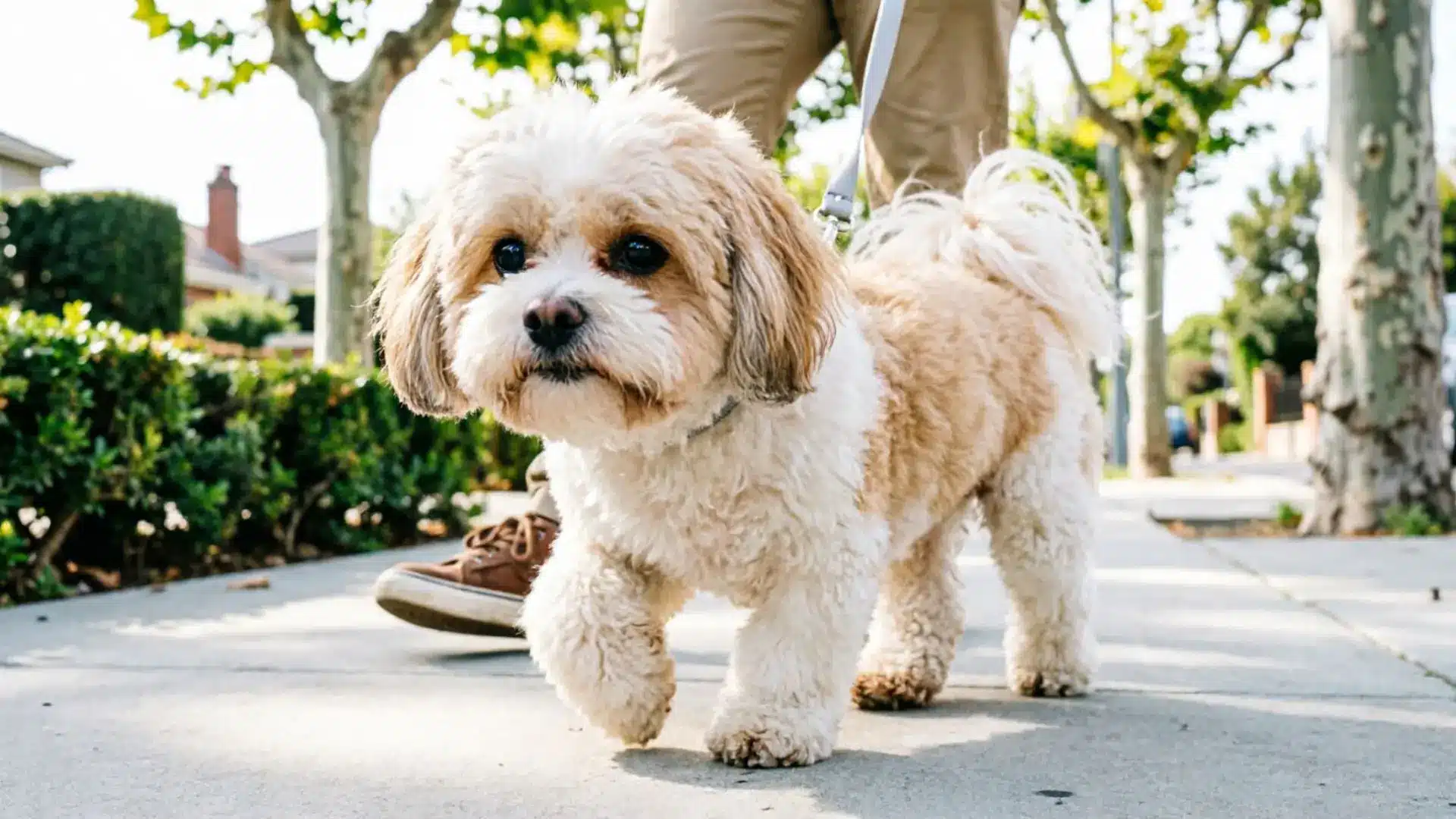 Shichon teddy bear dog walking on leash outdoors small fluffy mixed breed dog on sidewalk in sunny neighborhood