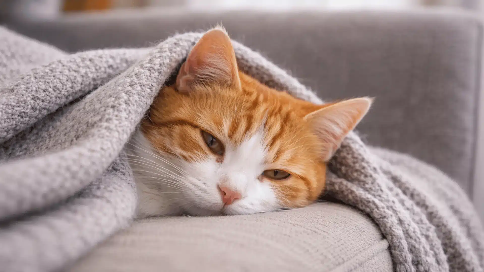 Sick orange and white cat resting under blanket on couch, looking tired and unwell.